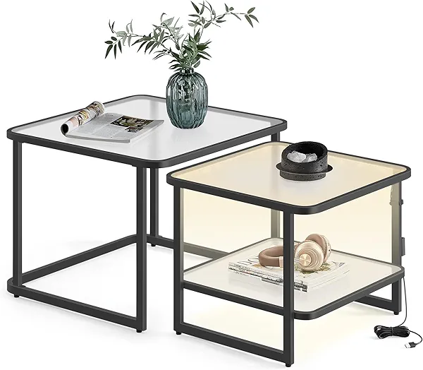 VASAGLE Nesting Tables Set of 2, Frosted Glass Coffee Table with LED Lights, Modern Square Side Tables with Bottom Shelf, for Living Room, Bedroom, Office, Cloud White and Ink Black ULCT246B
