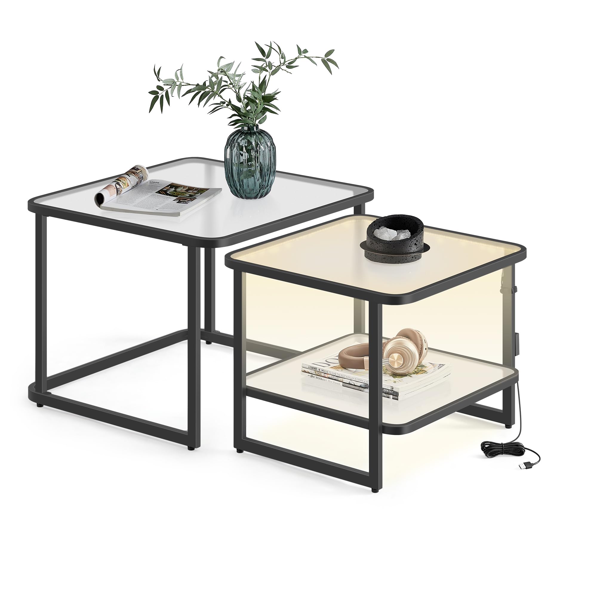 VASAGLE Nesting Tables Set of 2, Frosted Glass Coffee Table with LED Lights, Modern Square Side Tables with Bottom Shelf, for Living Room, Bedroom, Of