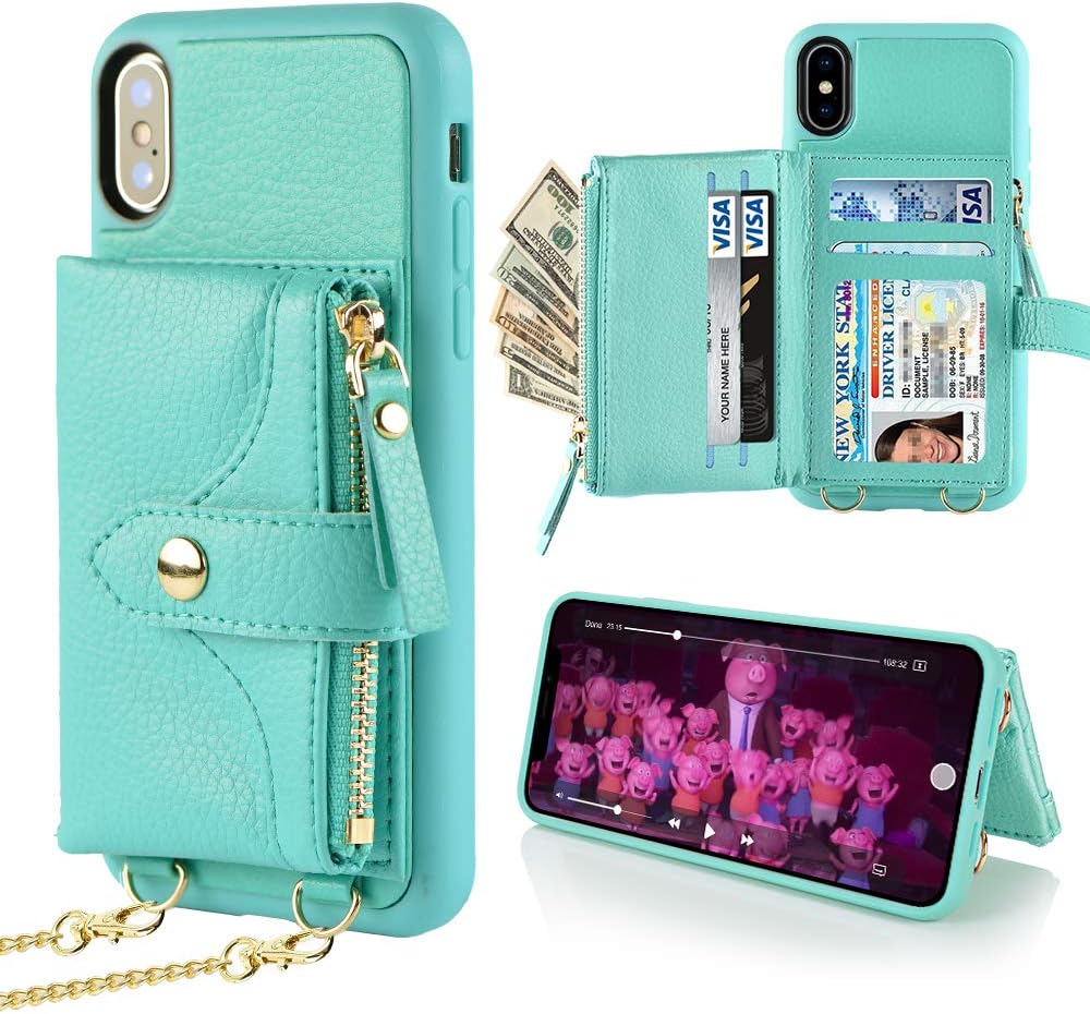 LAMEEKU Wallet Case Compatible with iPhone Xs Max, iPhone Xs Max Wallet Case Card Holder Leather Case with Wrist Chain Crossbody Strap Zipper Case for iPhone Xs Max, 6.5 inches-Green