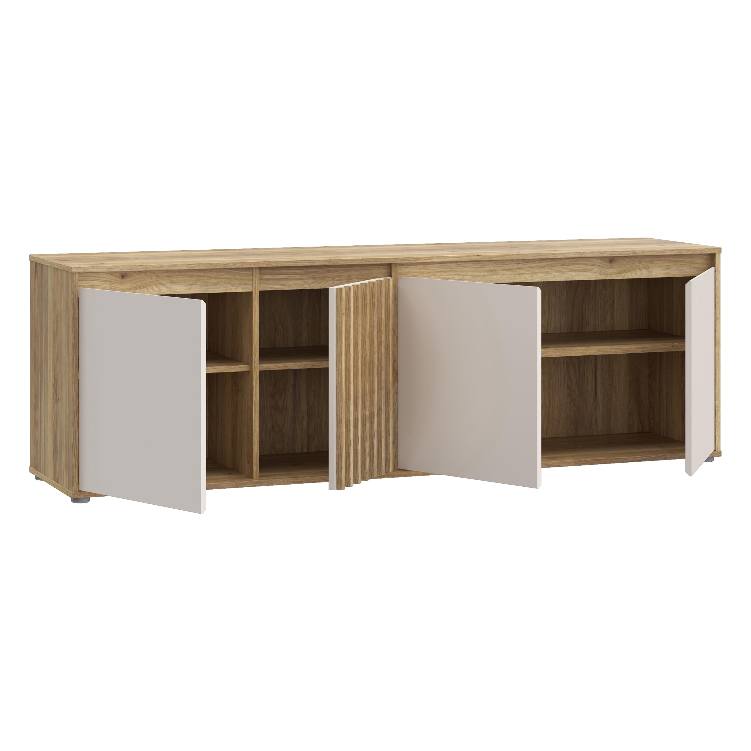 Forte ELISTON TV-Schrank 170 180, modernes Lowboard mit Lamellendesign, 4-türig, Wohnzimmer, Mauvella Eiche Holzdekor|Kashmir Beige, 174,3 cm breit x 56,1 cm hoch x 41,5 cm tief