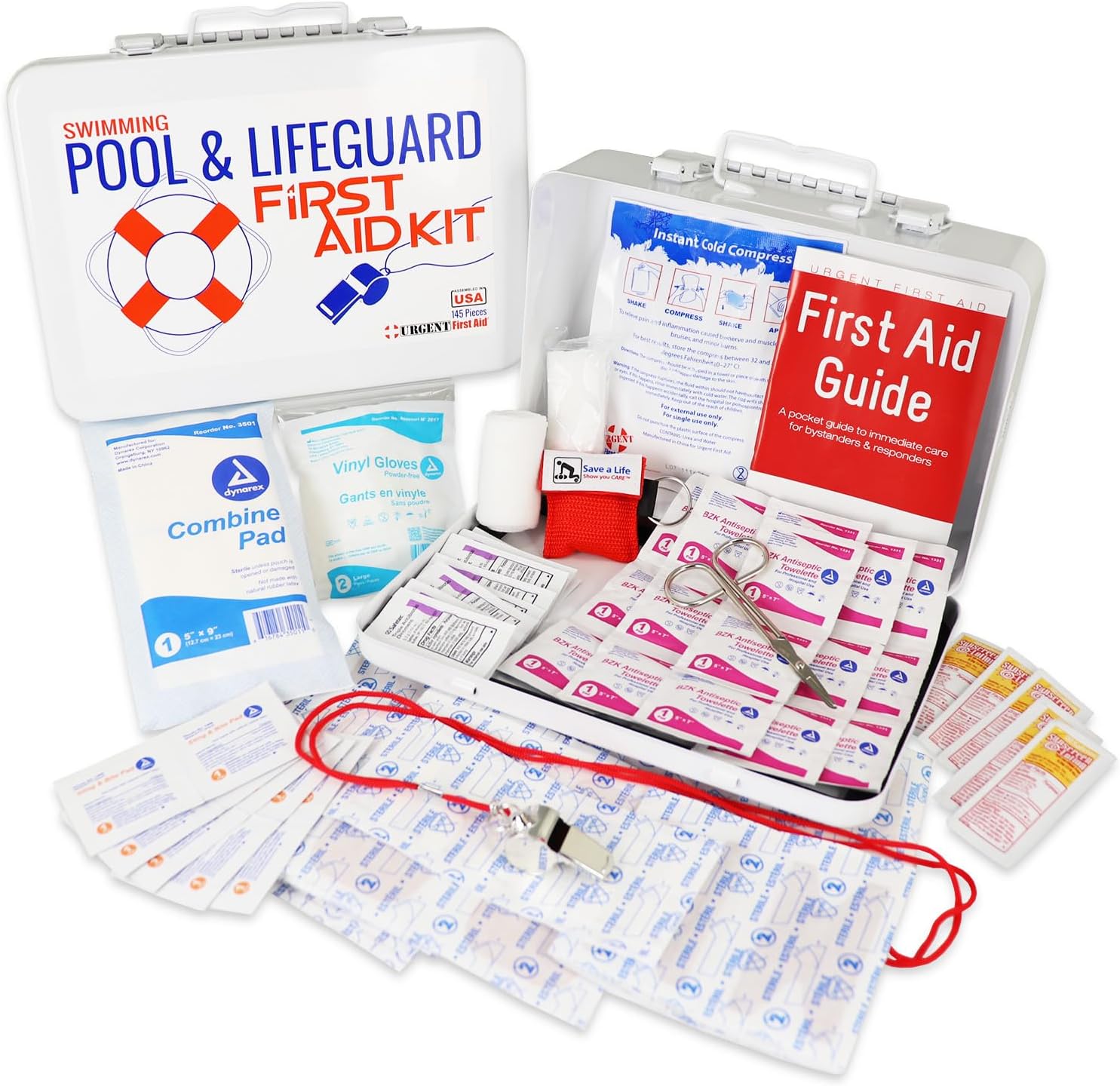 Swimming Pool & Lifeguard First Aid Kit - Sturdy Water-Resistant case, Signalling Whistle & More, Home, Office, or Sports - Safe Fun in The Sun Poolside - Made in USA