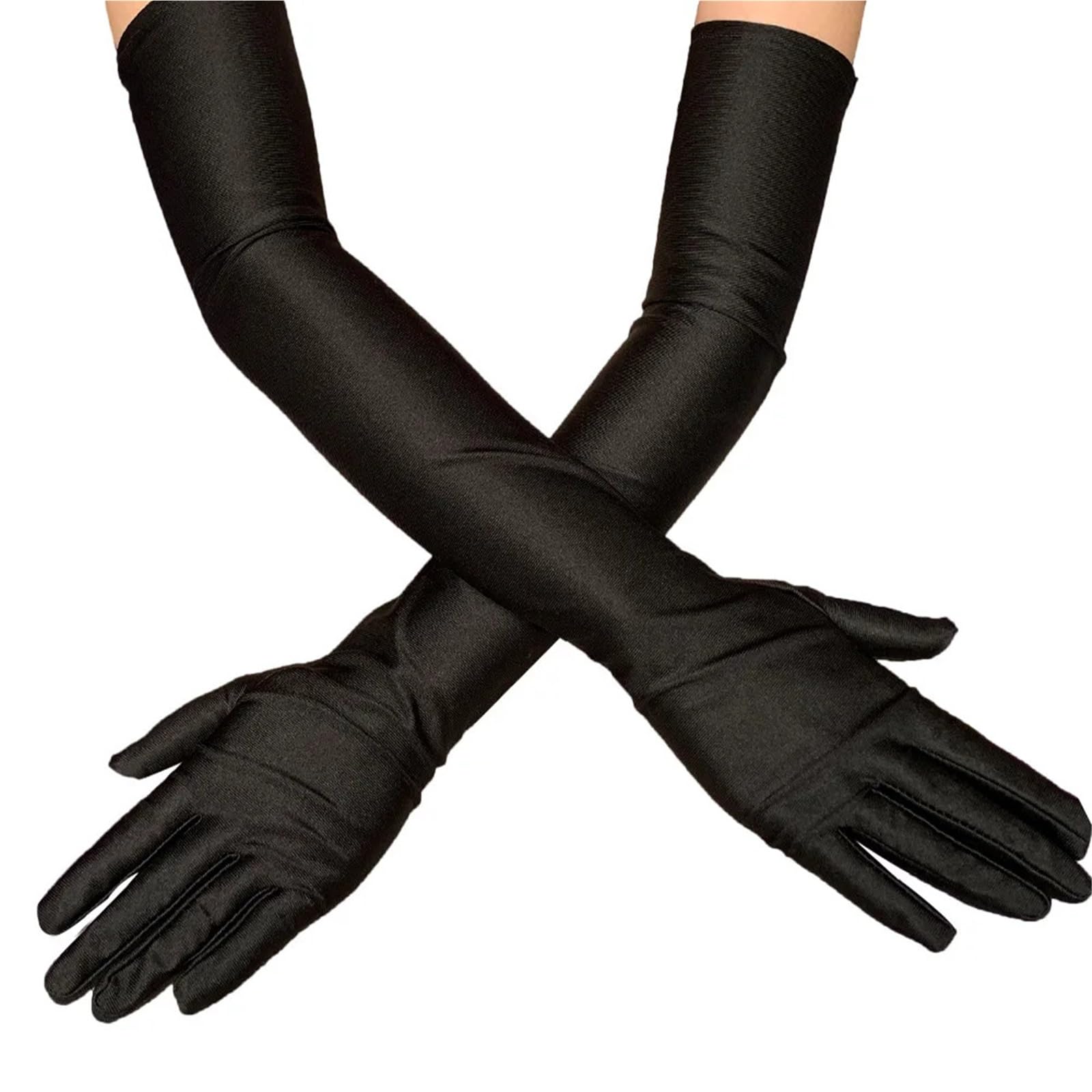 2 pares clásicos adultos ópera/muñeca estiramiento satén dedo guantes largos mujeres traje a juego