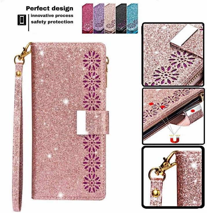 Miniatura 5 de Funda de teléfono para Huawei P30 LiteNova 4E con protector de pantalla de vidrio templado y correa para la muñeca Bling Glitter Flip Zipper Soporte