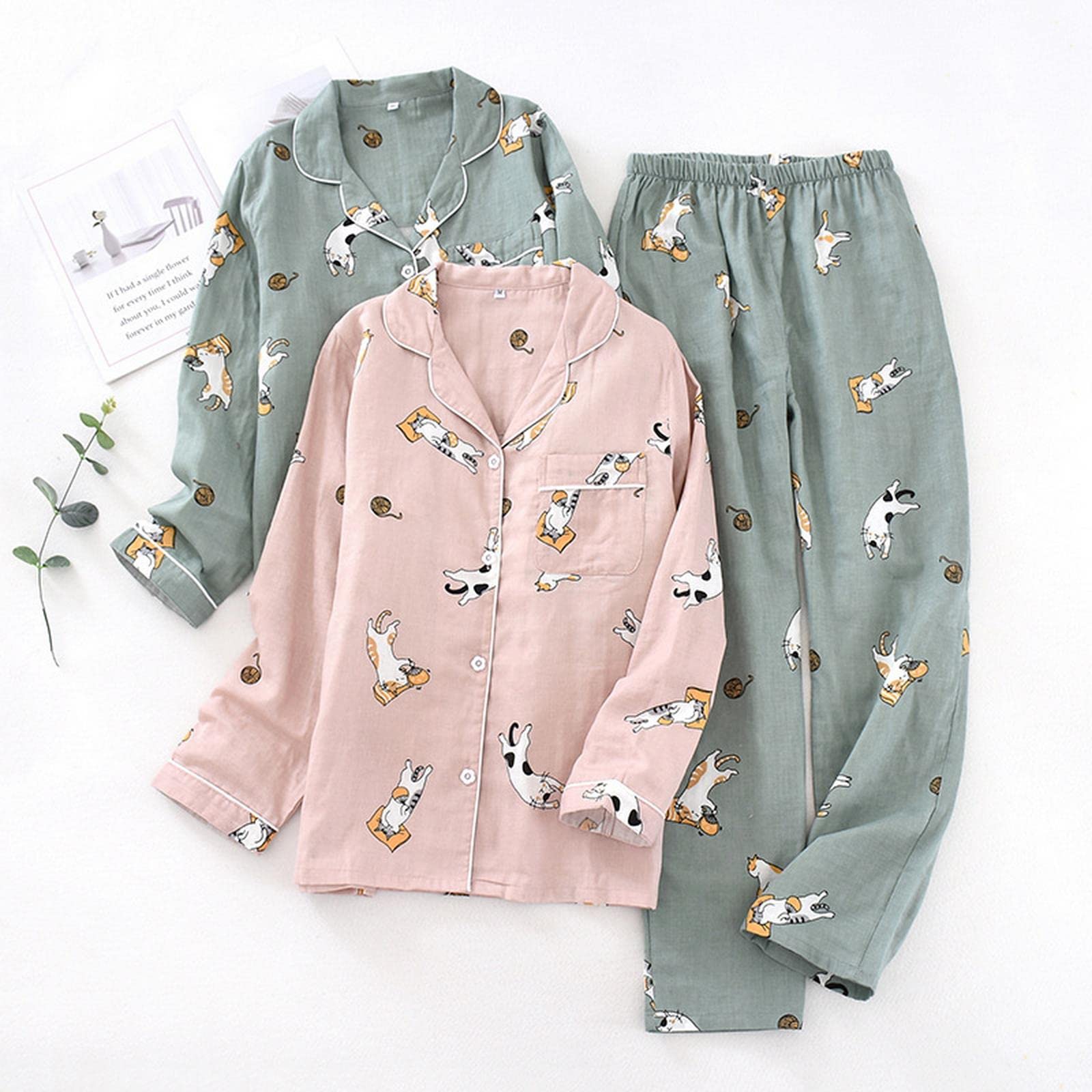 Pigiama Donna Signori da Donna Set da Cartone Animato per Gatto da Gatto Femminile 2 Pezzi Camicia A Torni in Giù+Pantaloni Comodo Natura Abbigliamento da Sonno