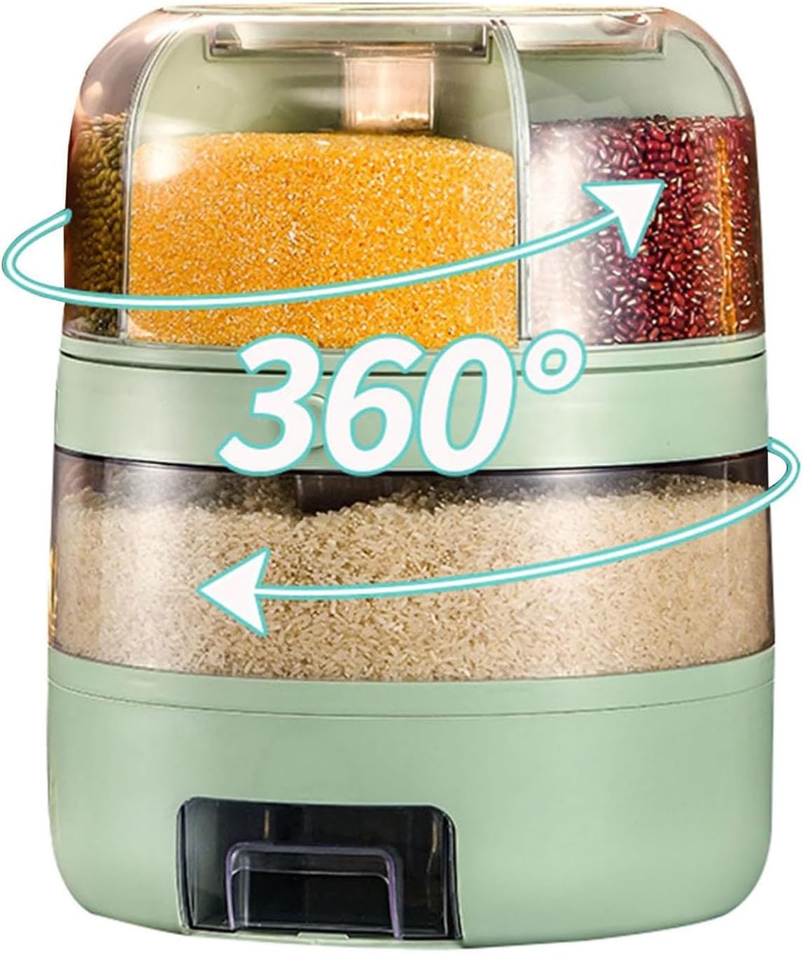 360° Rotatable Cereal Dispenser, 6 Grids Rice Dispenser Double Layer Dry Food Storage Container for Kitchen, One-Click Rice Output, Dry Rice Container for Beans Peanut Barley Millet,White