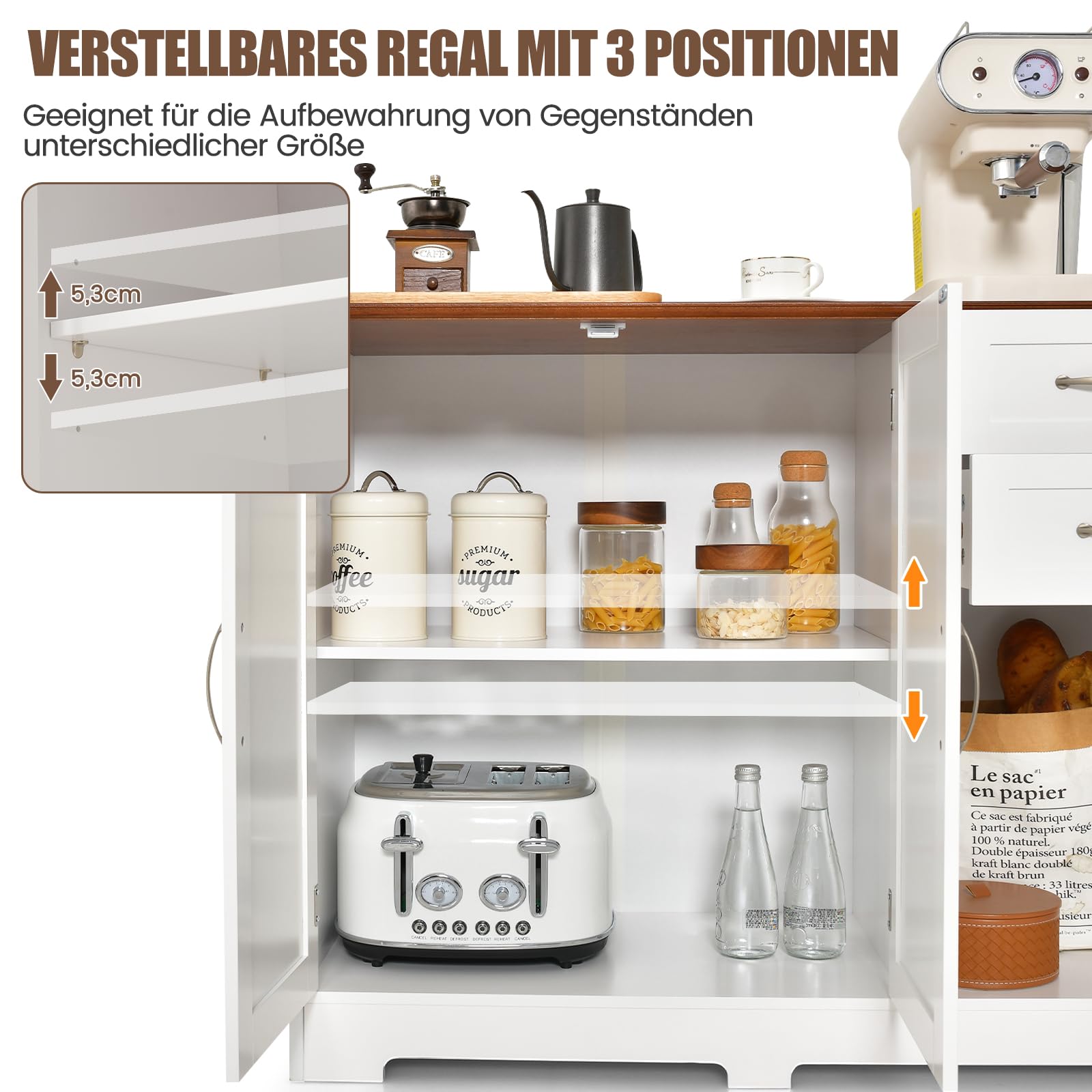 COSTWAY Sideboard weiß, Küchenschrank mit Arbeitsplatte 100 x 40cm, Buffetschrank mit Türen & Schubladen & verstellbaren Ablagen, Kücheninsel für Küche, Esszimmer (Weiß)
