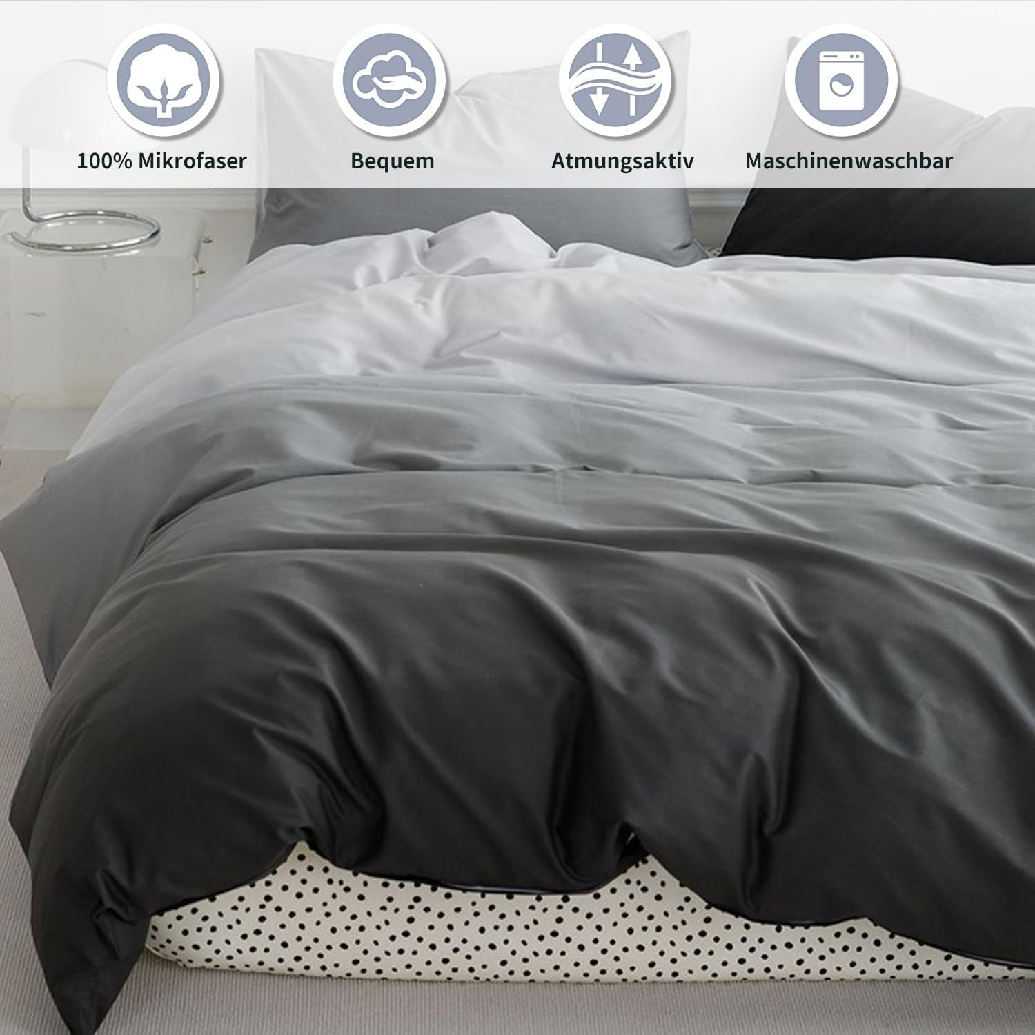 Housse de Couette 240x280 Dégradé Parure de Lit 3 Pièces Gris 3D Reversible Ensemble de Literie Adulte Microfibre Douce et Confortable avec 2 Taies d'oreiller M/8236
