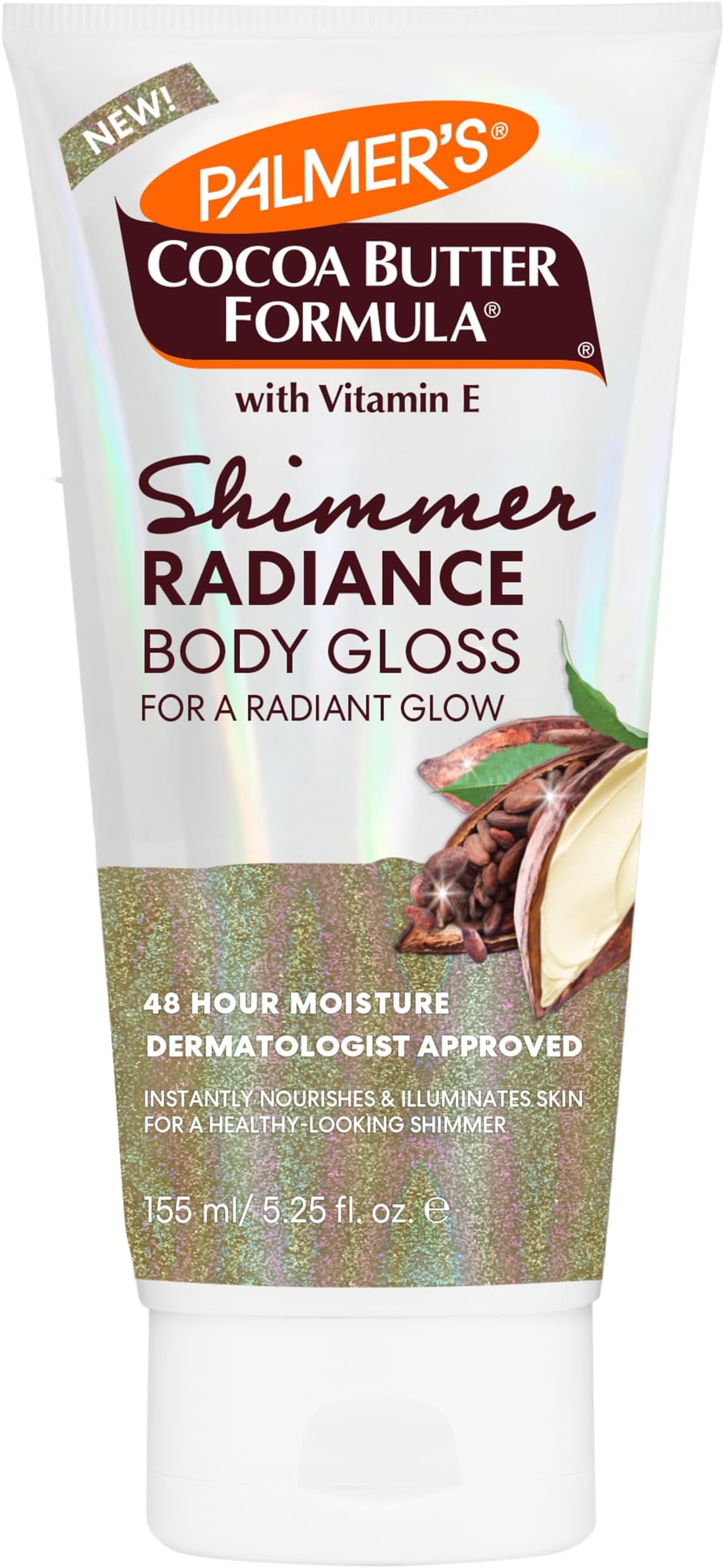 Cocoa Butter Formula Shimmer Body Lotion with Vitamin E, 5.25 Fl Oz, Radiance Body Gloss, Help Blur Veins, Cellulite, Marks, 48 Hour Moisture