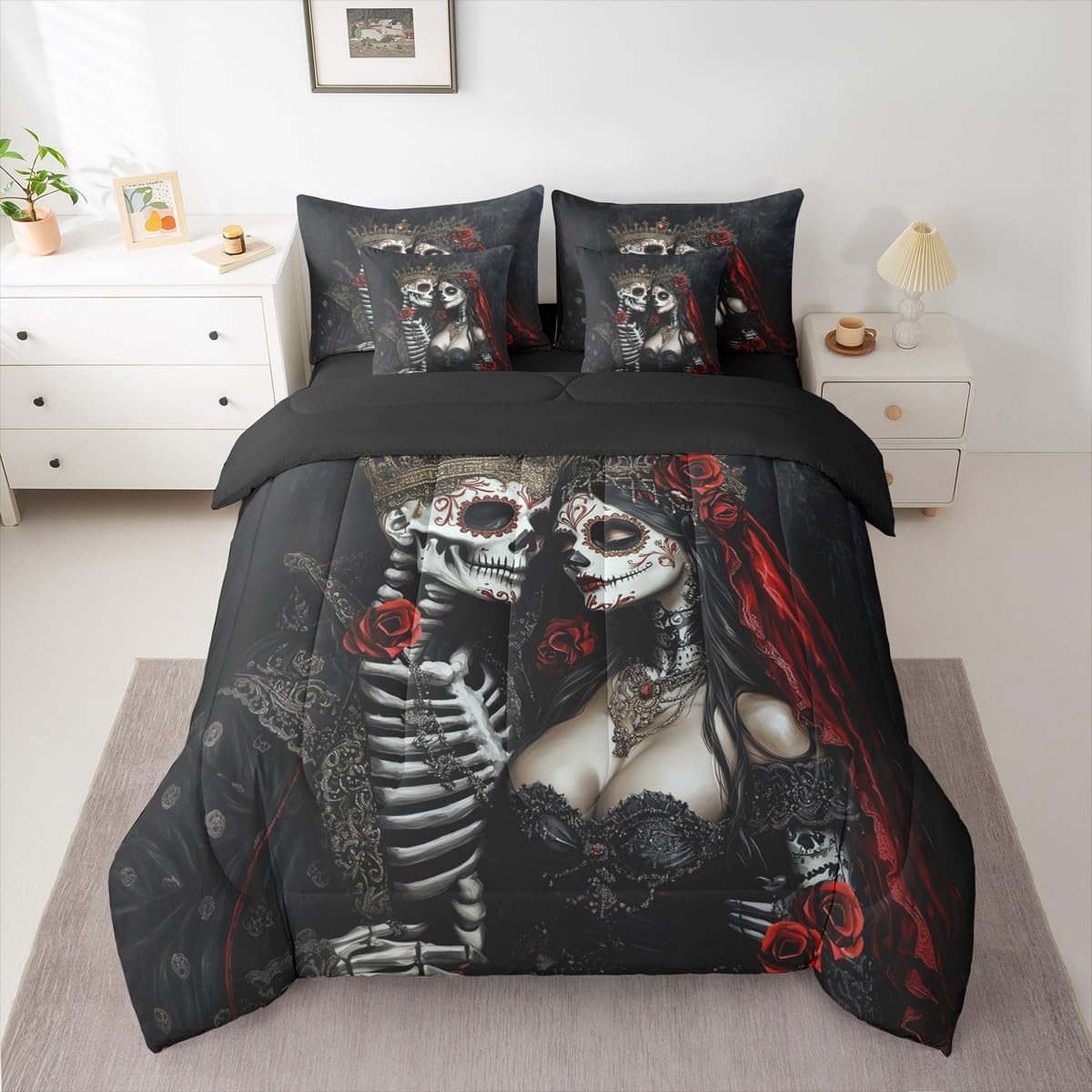 Exotic Skull Couple Queen Comforter Set with Sheets, Vintage Skeleton 7 Piece Bedding Sets Retro Gothic Bed in a Bag, Spooky Ethnic Tribe Bone Red Rose Bed Set, Halloween Skeleton Decorations
