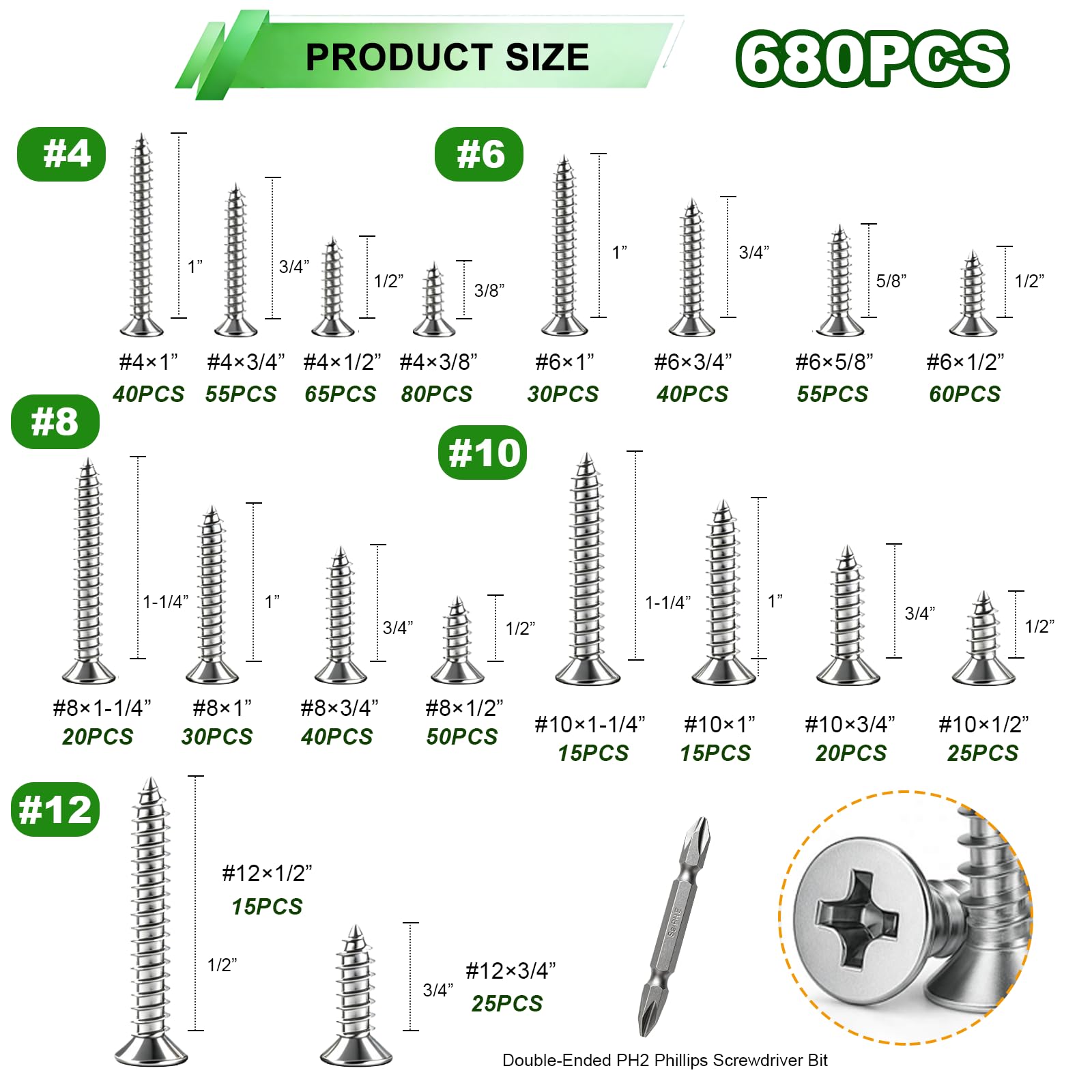 Kit assortito di 680 viti per legno, viti a testa piatta in acciaio inossidabile 304, #4#6#8#10#12, viti per lamiera, lunghezza da 0,6 cm a 2,5-1,3 cm, set di viti autofilettanti