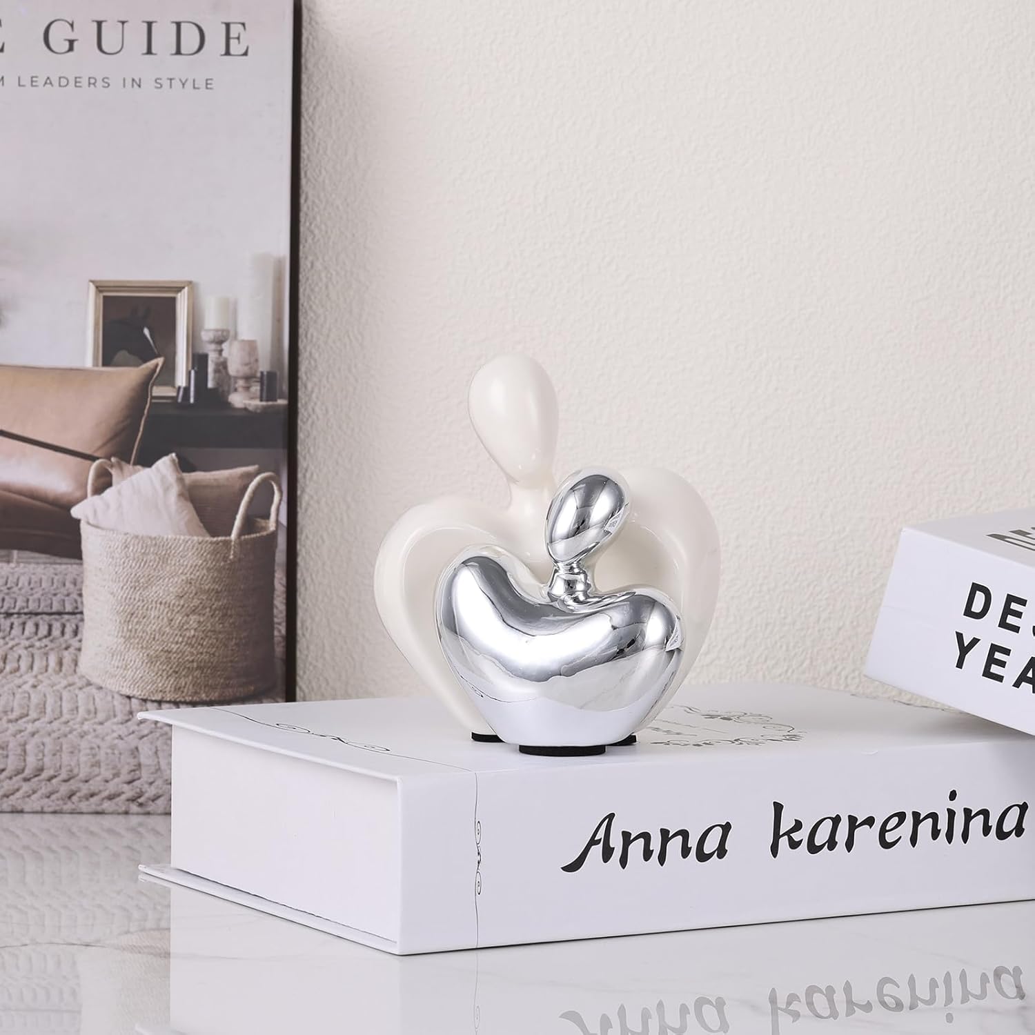 Ceramic Couple Figurine, Modern Abstract Embracing Lovers Sculpture for Shelves, Console & TV Stand Decor, Small Heart-Hug Statue, Anniversary & Wedding Gift for Couples – White and Silver - Image 6