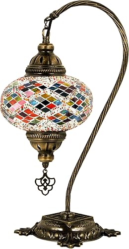 Miniatura 4 de Turkish Lamp Mosaic Table Lamps | Turkish Moroccan Lamp with Bronze Base | Handmade Swan Neck Tiffany Night Lamp | Mosaic Glass Bedside Night Lamp