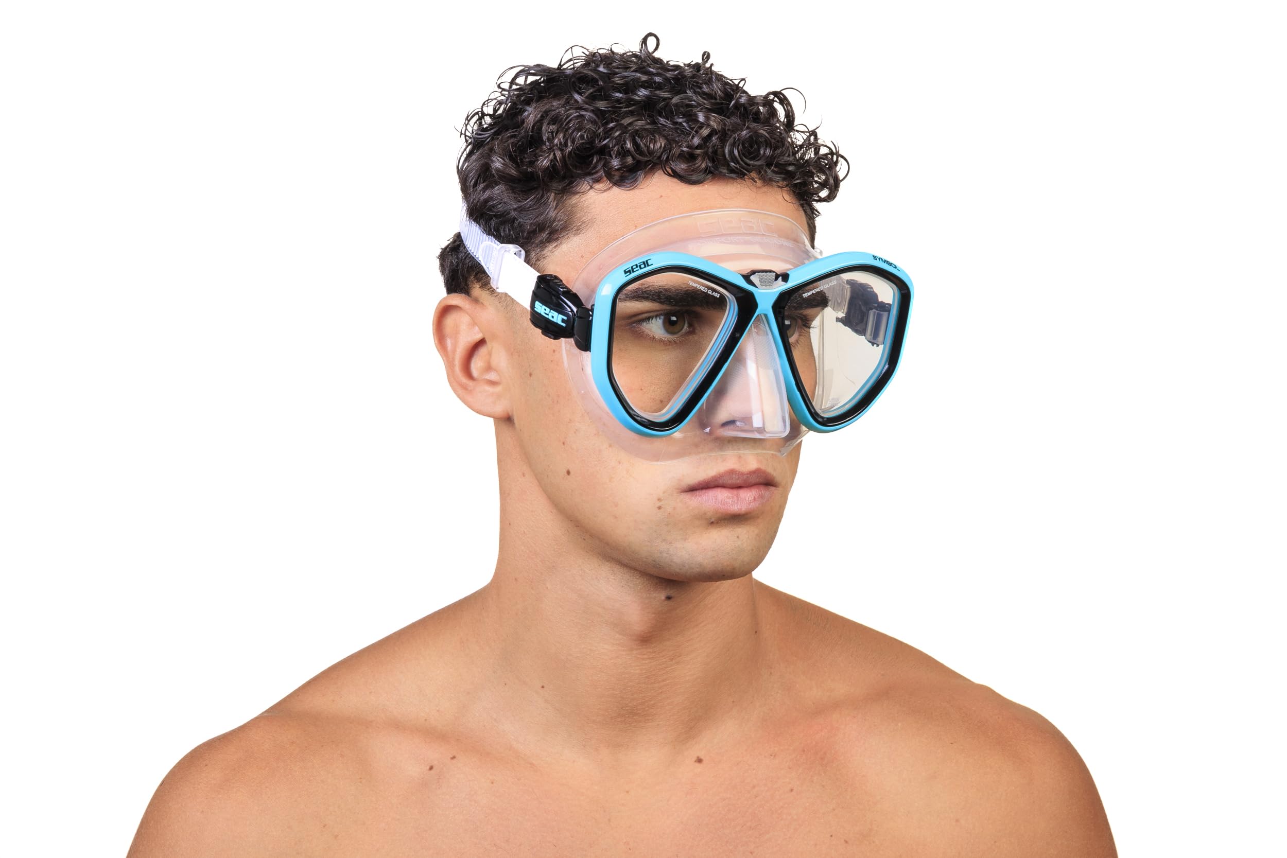 Seac Symbol, Masque de plongée Made in Italy à lentilles symétriques avec Boucle 3D Directement sur Le Visage, Transparent/Bleu Clair, Standard