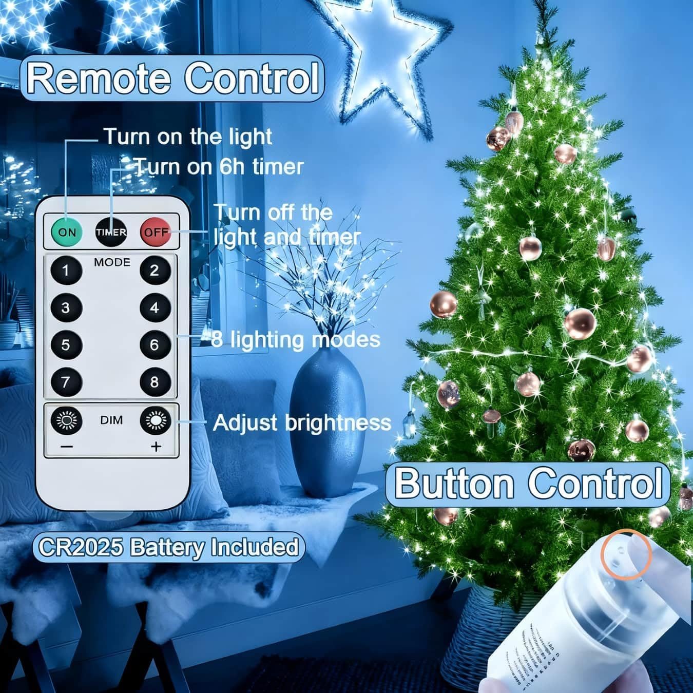 Cozymeow Lichterschweif Batterie, 1M 100 LED Lichterkette Wasserfall, Timer