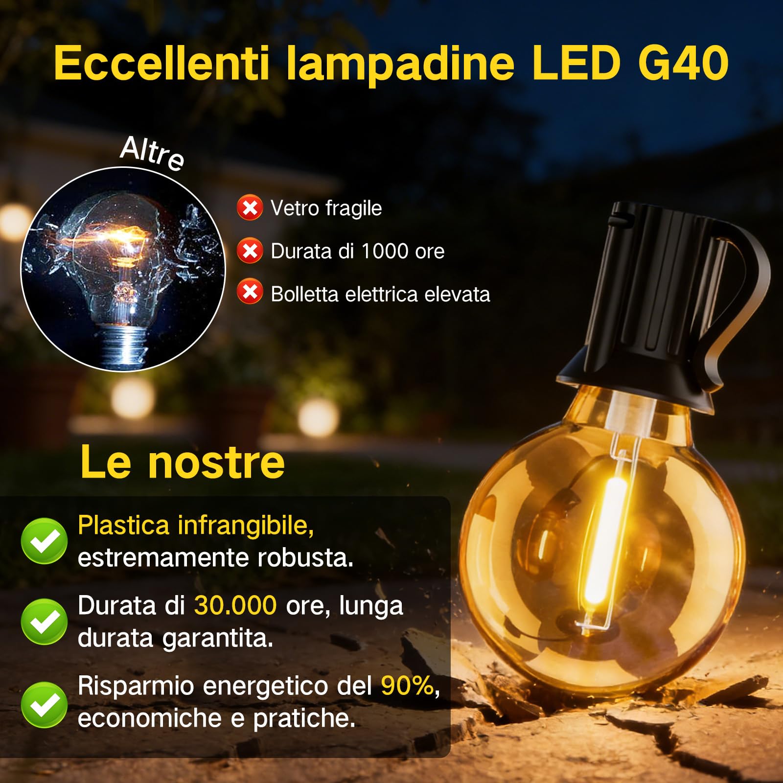 Catena Luminosa Esterno 20M, Impermeabile Luci da Esterno Giardino, LED Lampadine da Esterno Giardino Dimmerabile con Telecomando, Filo Luci da Esterno per Festival Decorative , Matrimoni, Terrazze