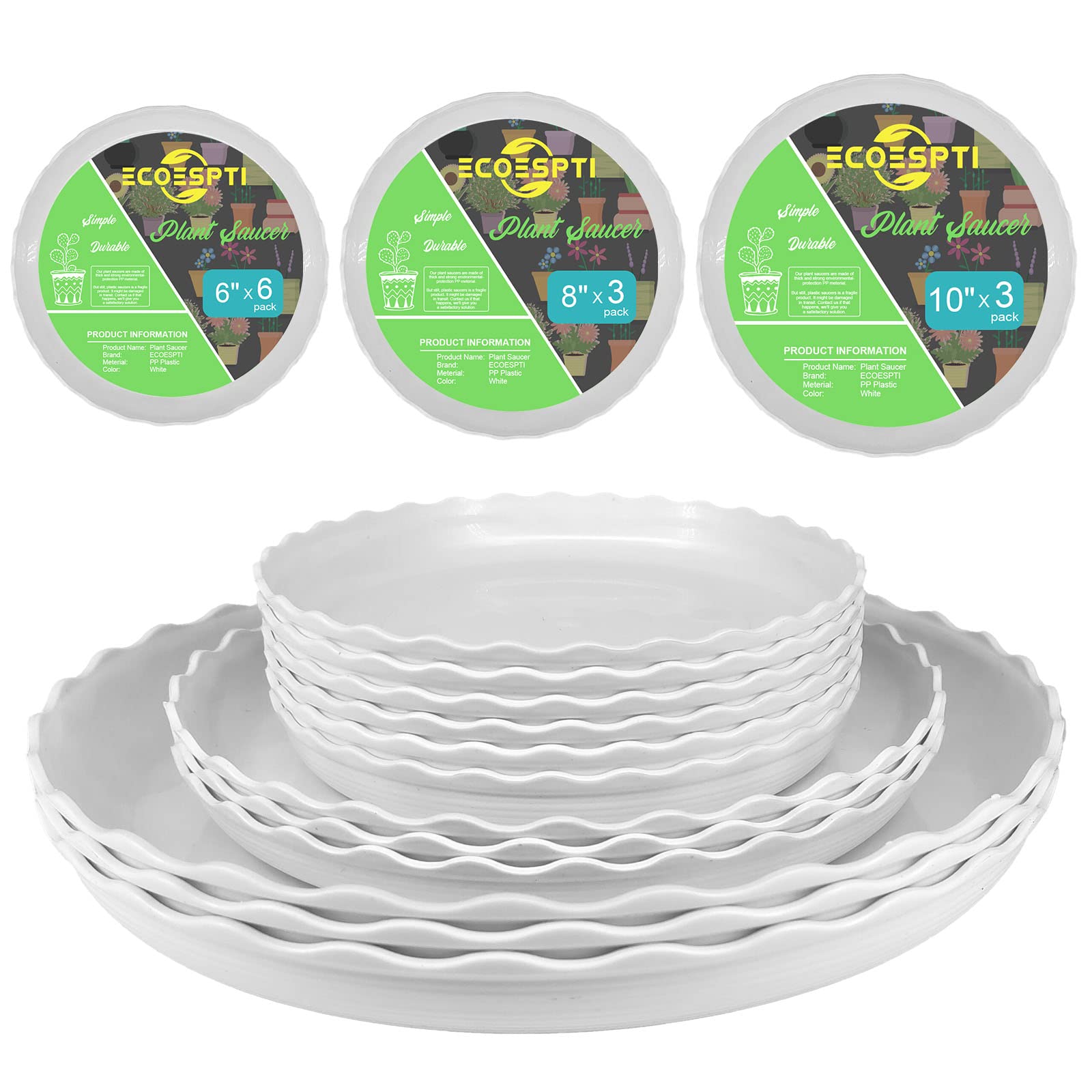 12Pcs Plant Saucer, 6 8 10 Inch Durable Plastic Plant Trays for Pots, White Round Plant Pot Saucers, Drip Tray for Indoor and Outdoor Garden