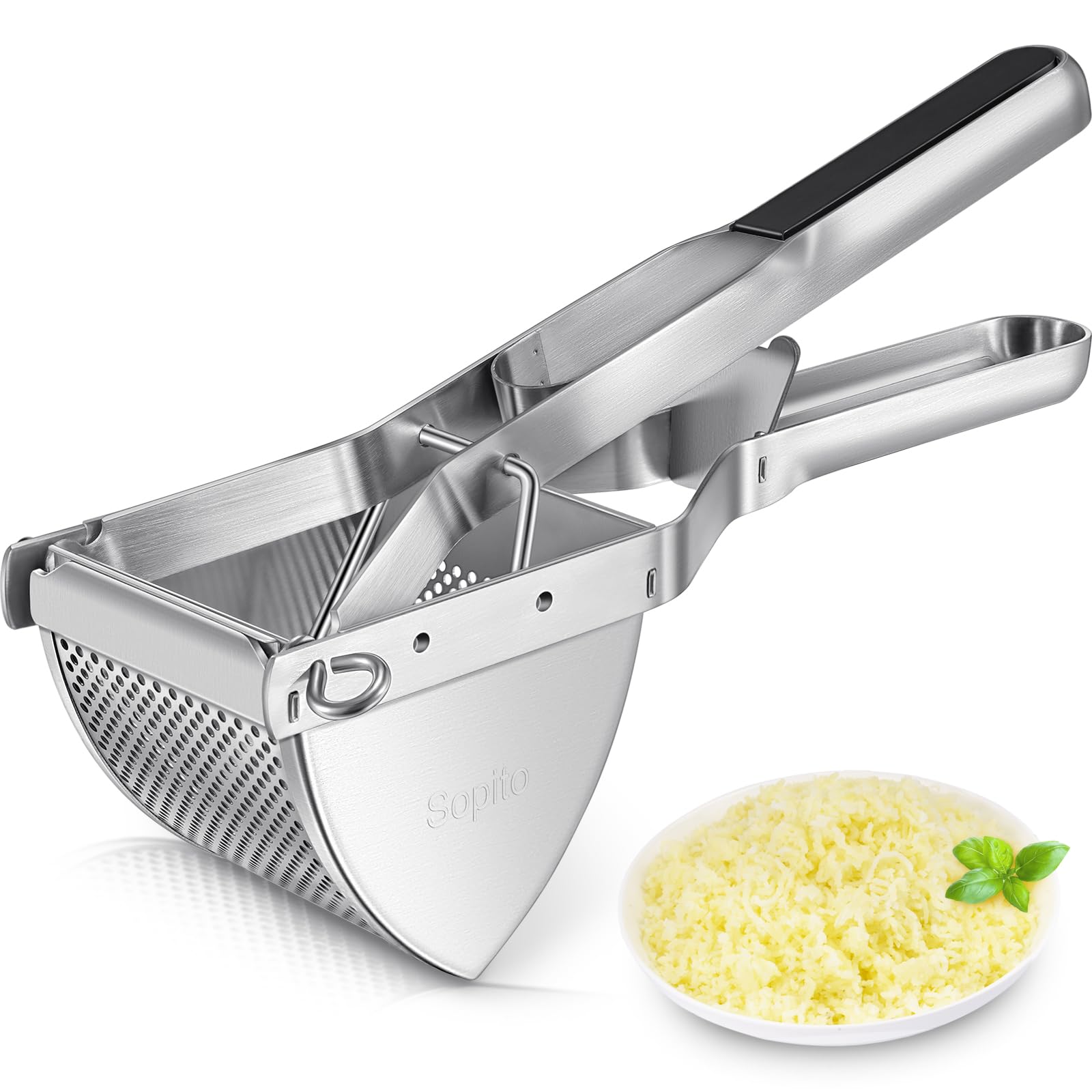 Sopito Potato Ricer Stainless Steel Potato Masher, Food Ricer with Silicone Handle for Vegetable, Dishwash Safe, Black