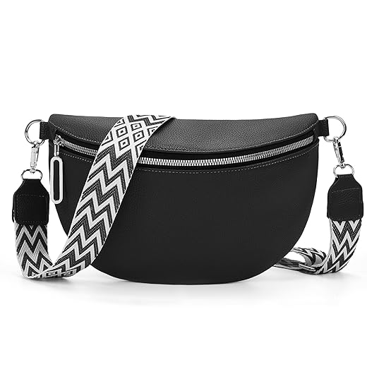 GSenhui Bauchtasche Damen Leder,Crossbody Bag Damen, Bauchtasche Breiter Gurt mit Reißverschluss, Umhängetasche Damen Schwarz für Reisen Einkaufen