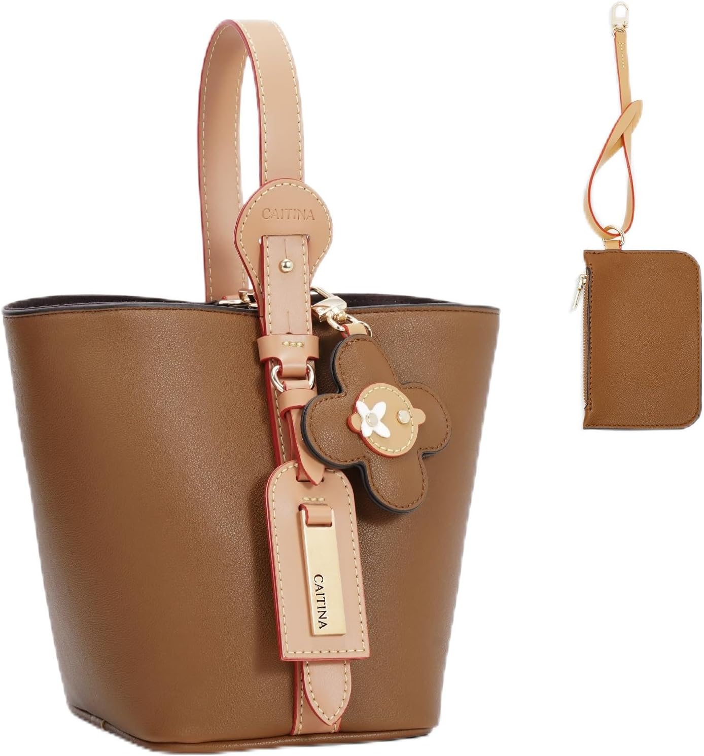 Tote Bag for Women，4-Way Vegan Leather Bucket Purse Top Handle Handbag Shoulder Crossbody Bag with Detachable Small Purse