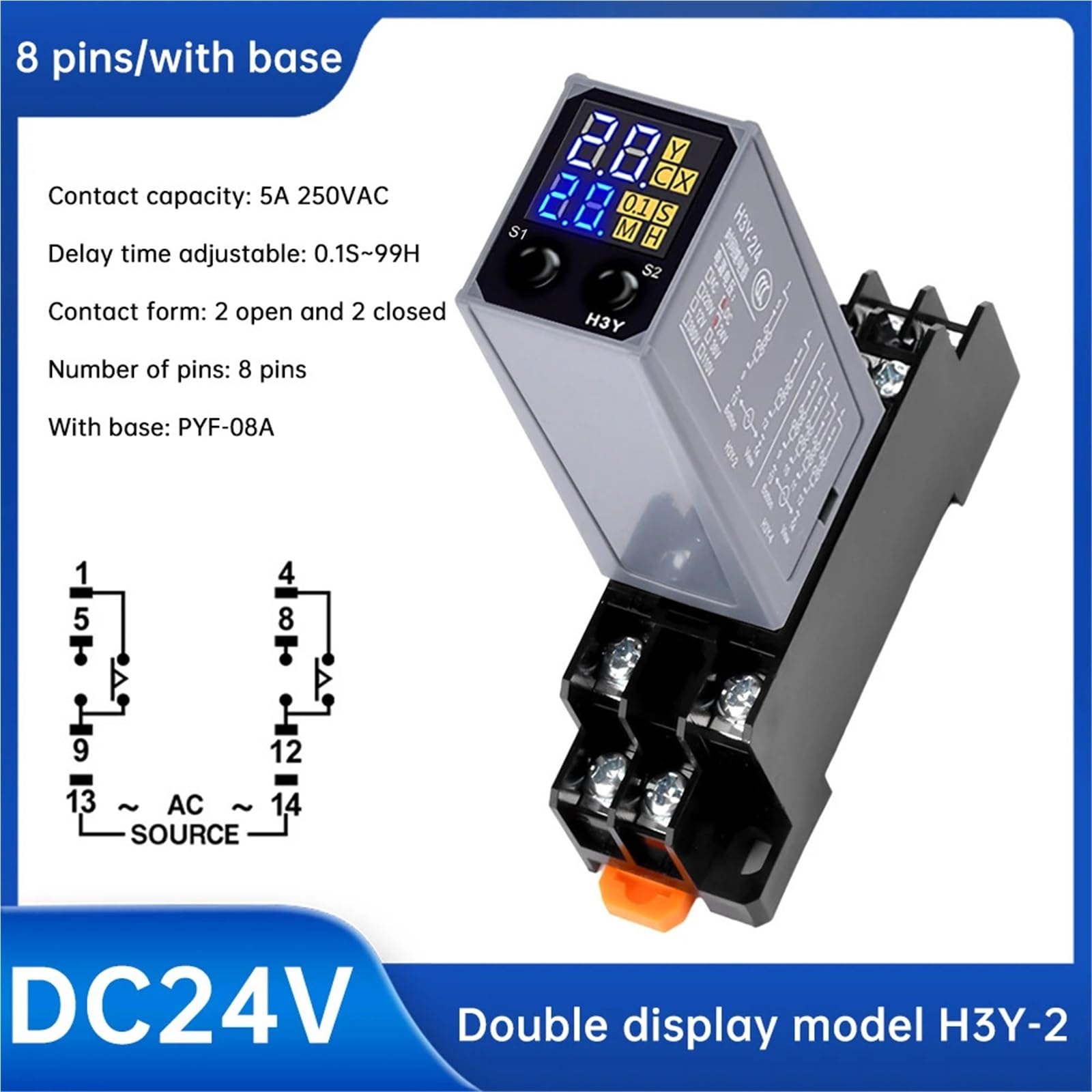 Relé de retardo con pantalla LCD, controlador de retardo de encendido, relé temporizador electrónico con base de enchufe, CC 12 V/24 V, A220 V