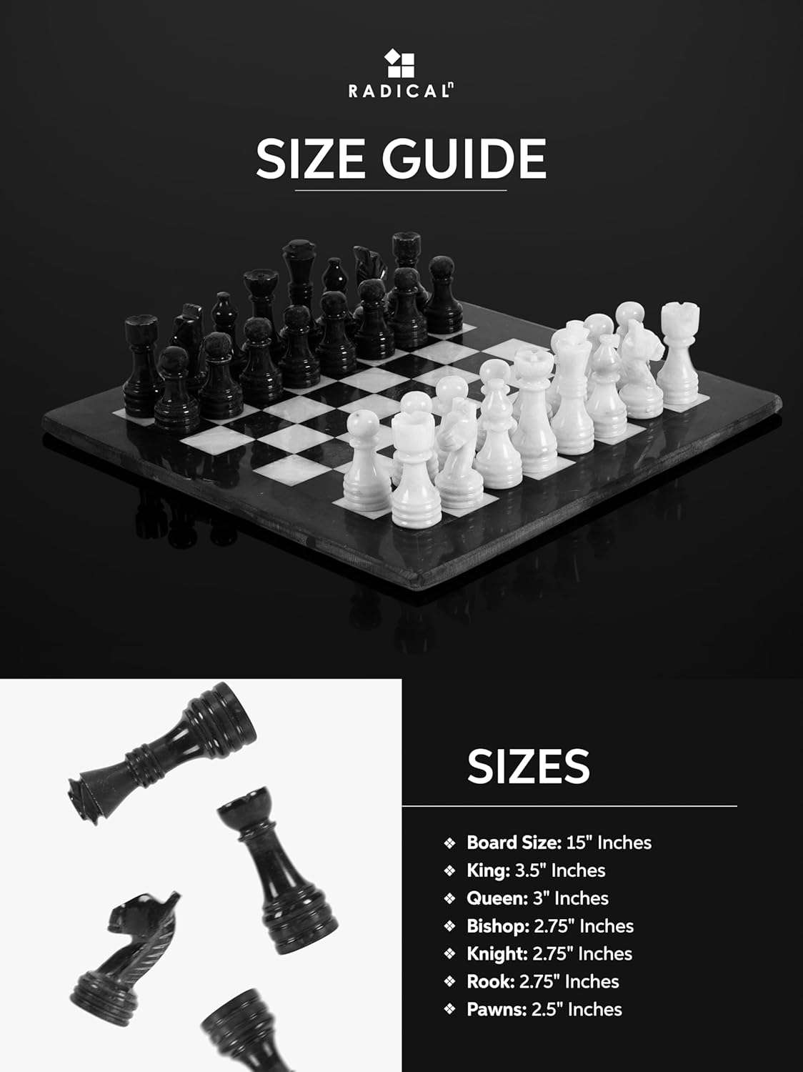 Radicaln Marble Chess Set 15" Inches Black & White with Storage Box Handmade Classic Board Games for Adults, Luxury Marble Chess Board & Chess Pieces for Gifts