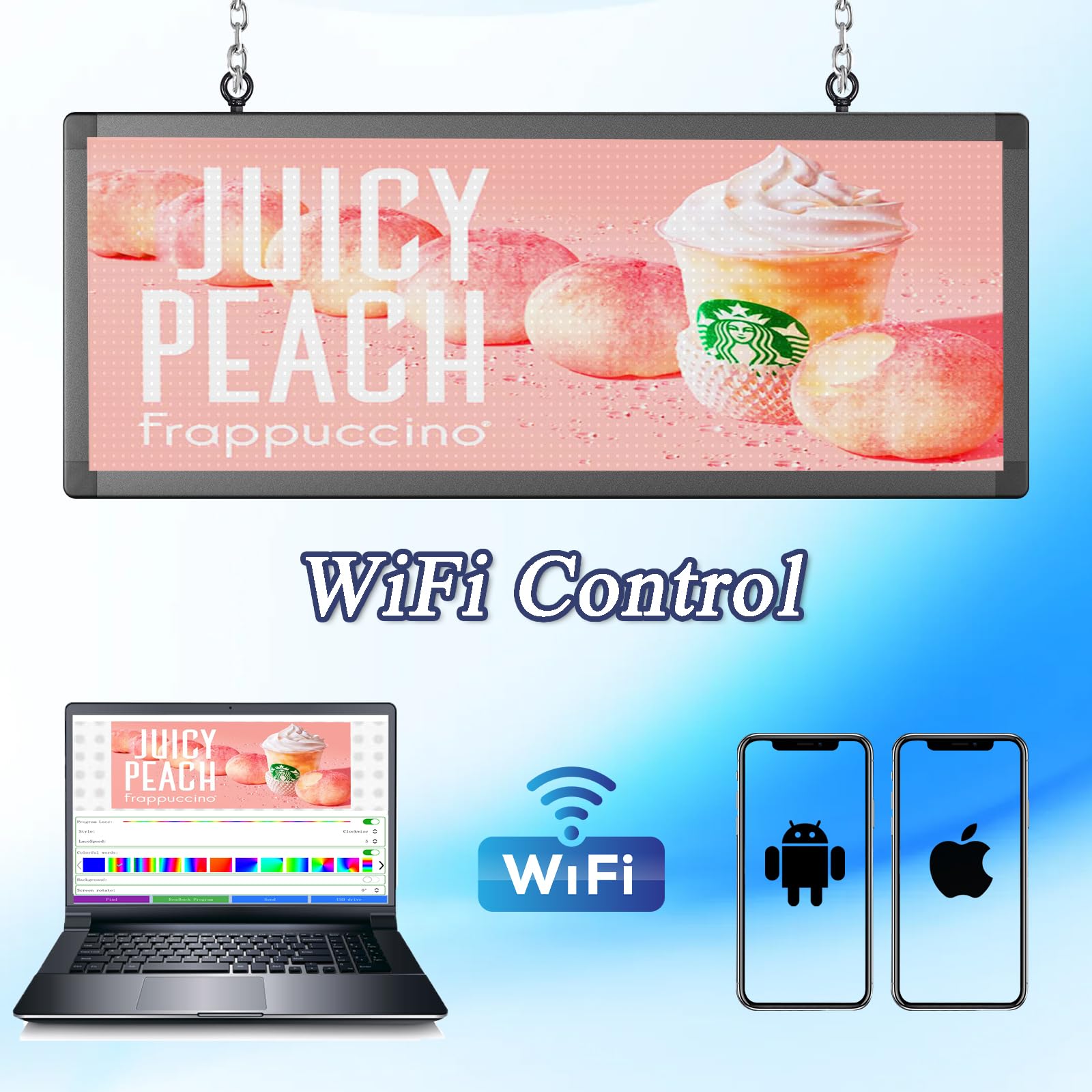 Pantalla LED P10 a todo color al aire libre, doble cara, programable, 39 x 14 pulgadas con control de aplicación WiFi, tablero publicitario impermeable IP65 de alto brillo para ventana