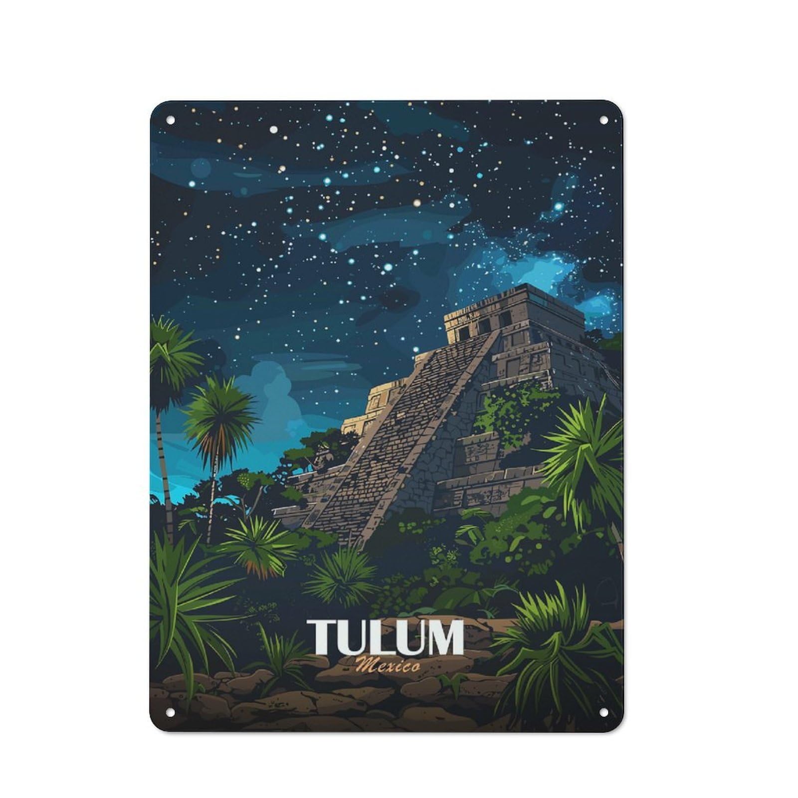 Junmoney Style-12 Tulum Mexico Night Sky Pyramid Retro-Style Printed Metal Sign 40X30cm For Hallway Wall, Winter Wall Decor For Wall Display Collectors