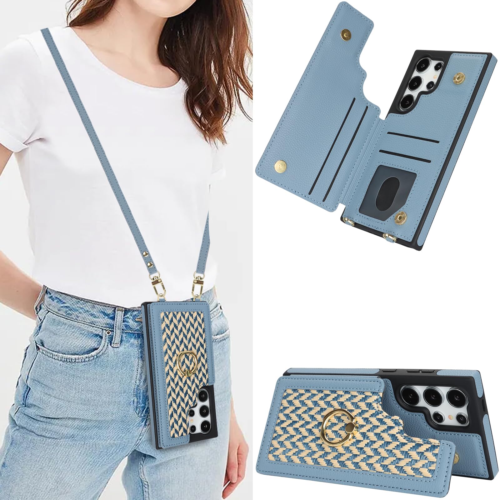 MRRSIWEI Crossbody Wallet Case for Samsung Galaxy S25 Ultra (Not S25), PU Leather with Wristlet Strap Card Holder 360° Ring Kickstand Cover for Women