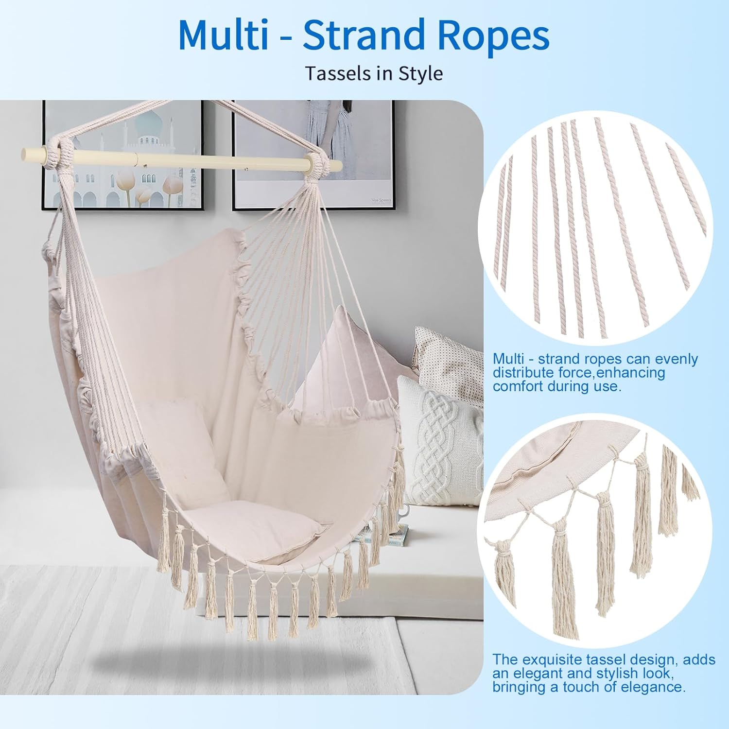 Outvita Hammock Chair Suspended Rope Swing with Stylish Tassels, Non-Slip Galvanized Steel Poles, Includes 2 Fluffy Pillows, Maximum Weight Capacity 500 lbs, Indoor and Outdoor Available, Pallid