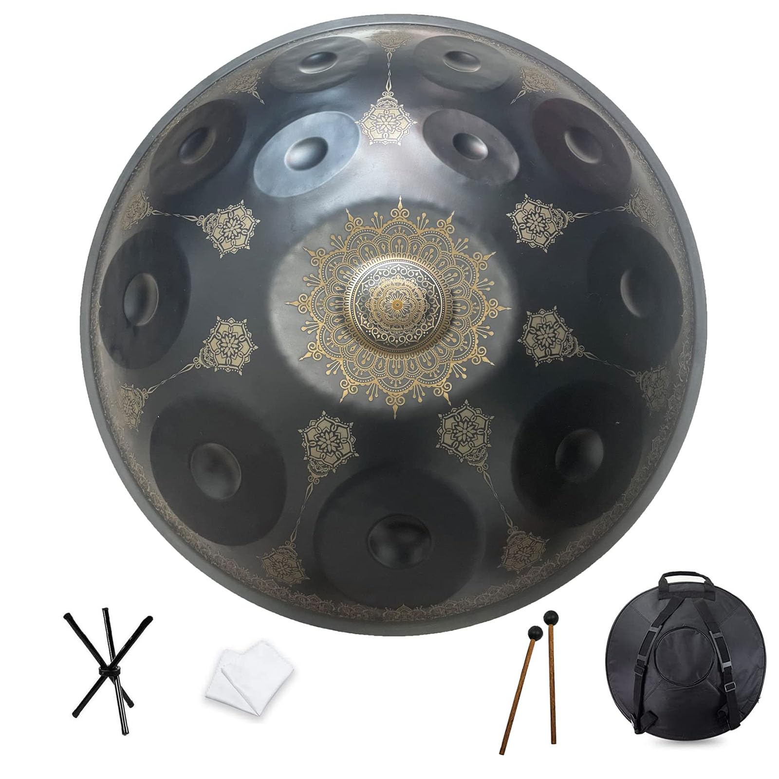Handpan de Acero de 440 Hz, 9/10/12 Notas, 22 Pulgadas, en re Menor, con Soporte y Estuche (Negro, 12 Notas)