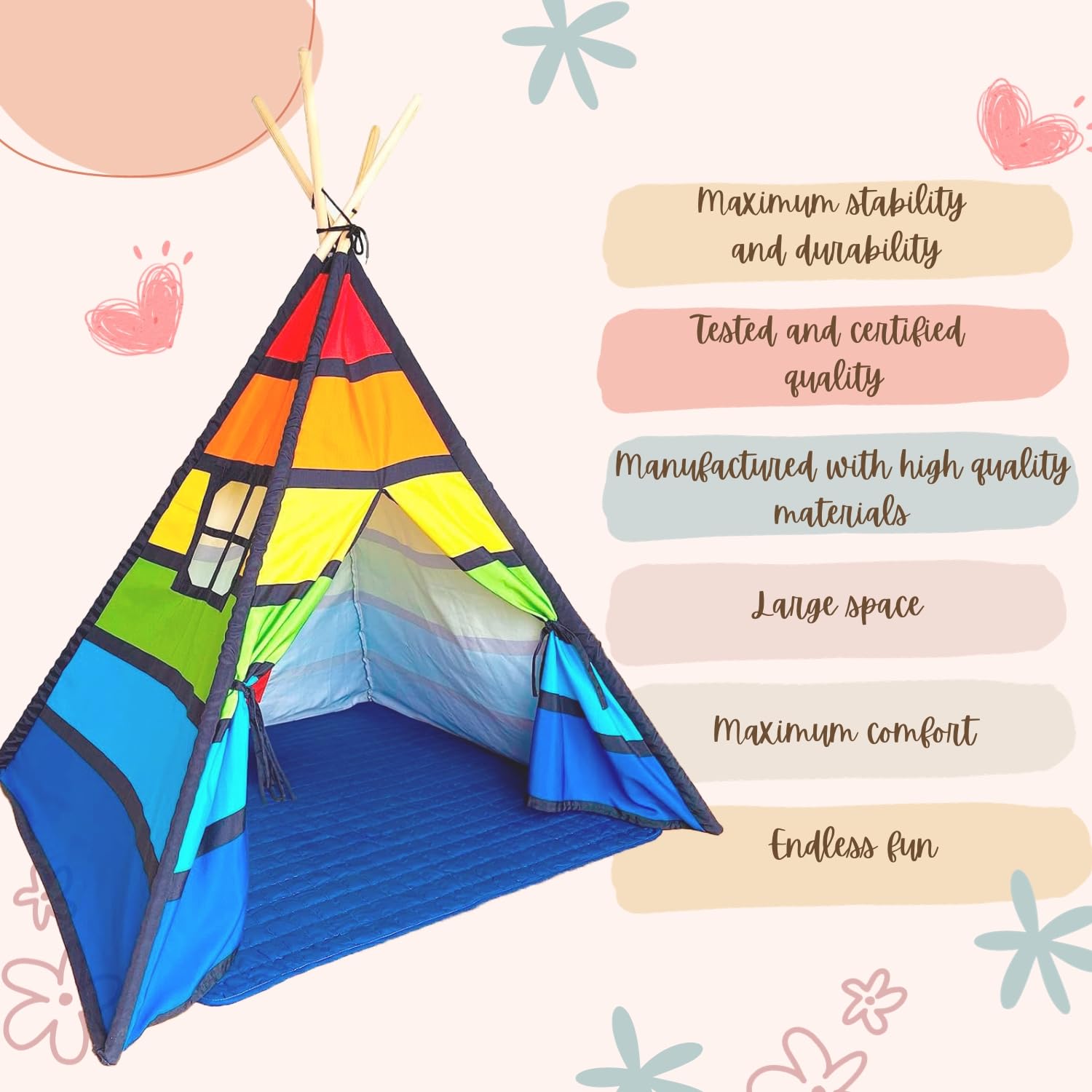 NUBUNI Tenda Indiana per Bambini | Tenda Teepee Bambini | Tenda da Bambino | Tepee per Bambini | Tenda Tipi per Bambini | Teepee Tenda per Bambini | Tenda Gioco Bimba | Tappetino E Borsa Trasporto C