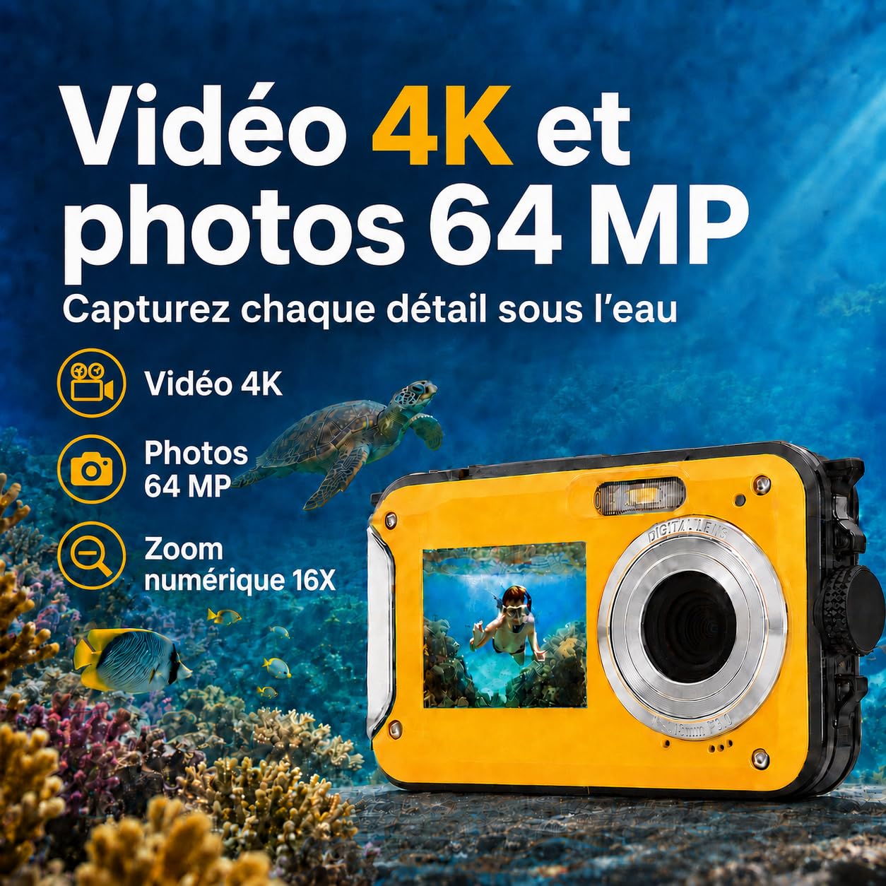 Appareil Photo Étanche Plongée 4K 64Mpx Double Écran