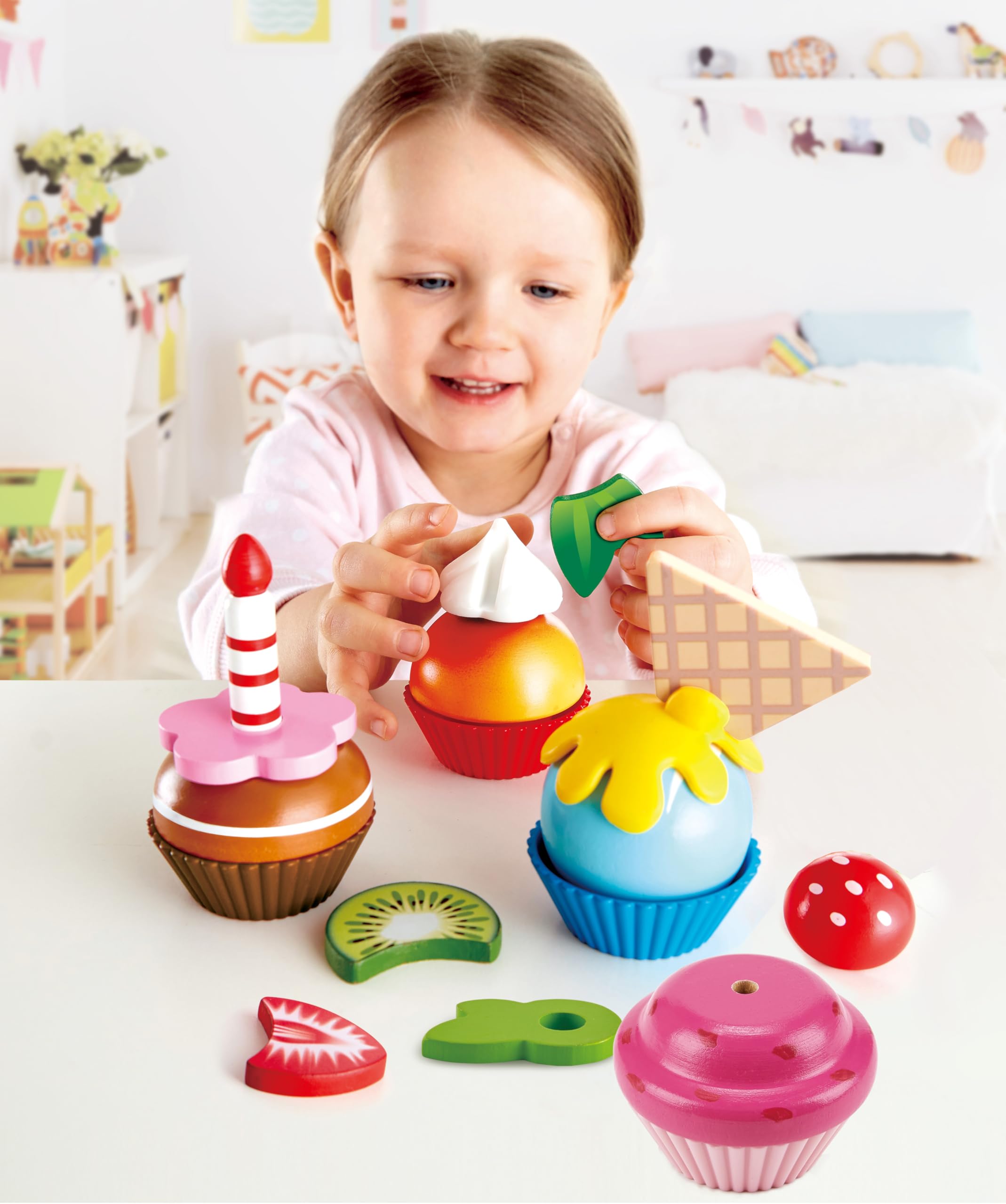 Hape E3157 Colourful Wooden Cupcakes, Realistic Pretend Play Food Kitchen Toy for Children Ages 3+ Years, Multicolor