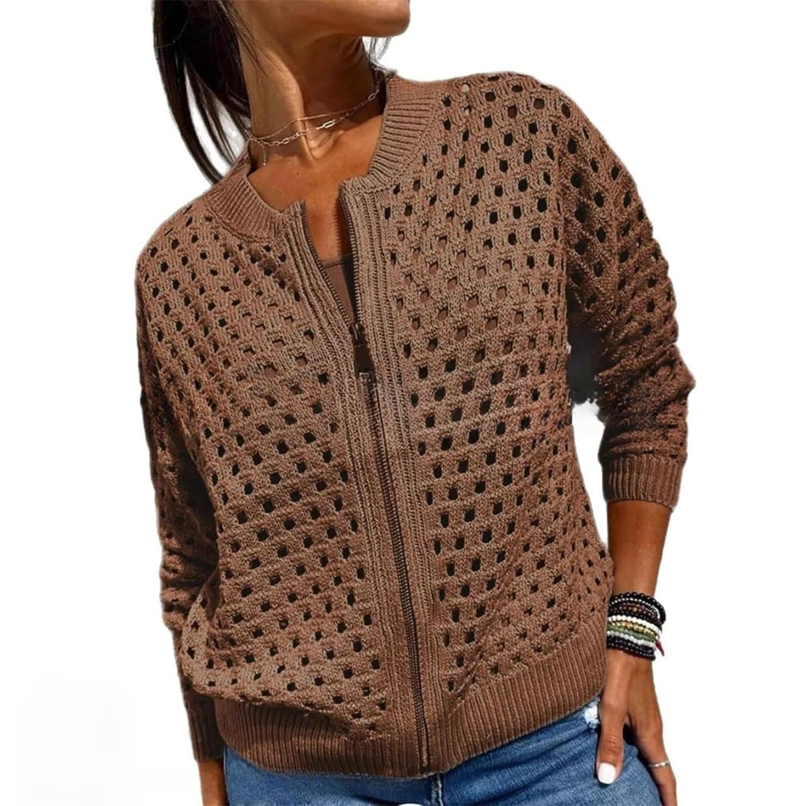 Giacca casual da donna con cerniera, maglia a rete all'uncinetto, scialle lavorato a maglia, cardigan leggero lavorato a maglia.