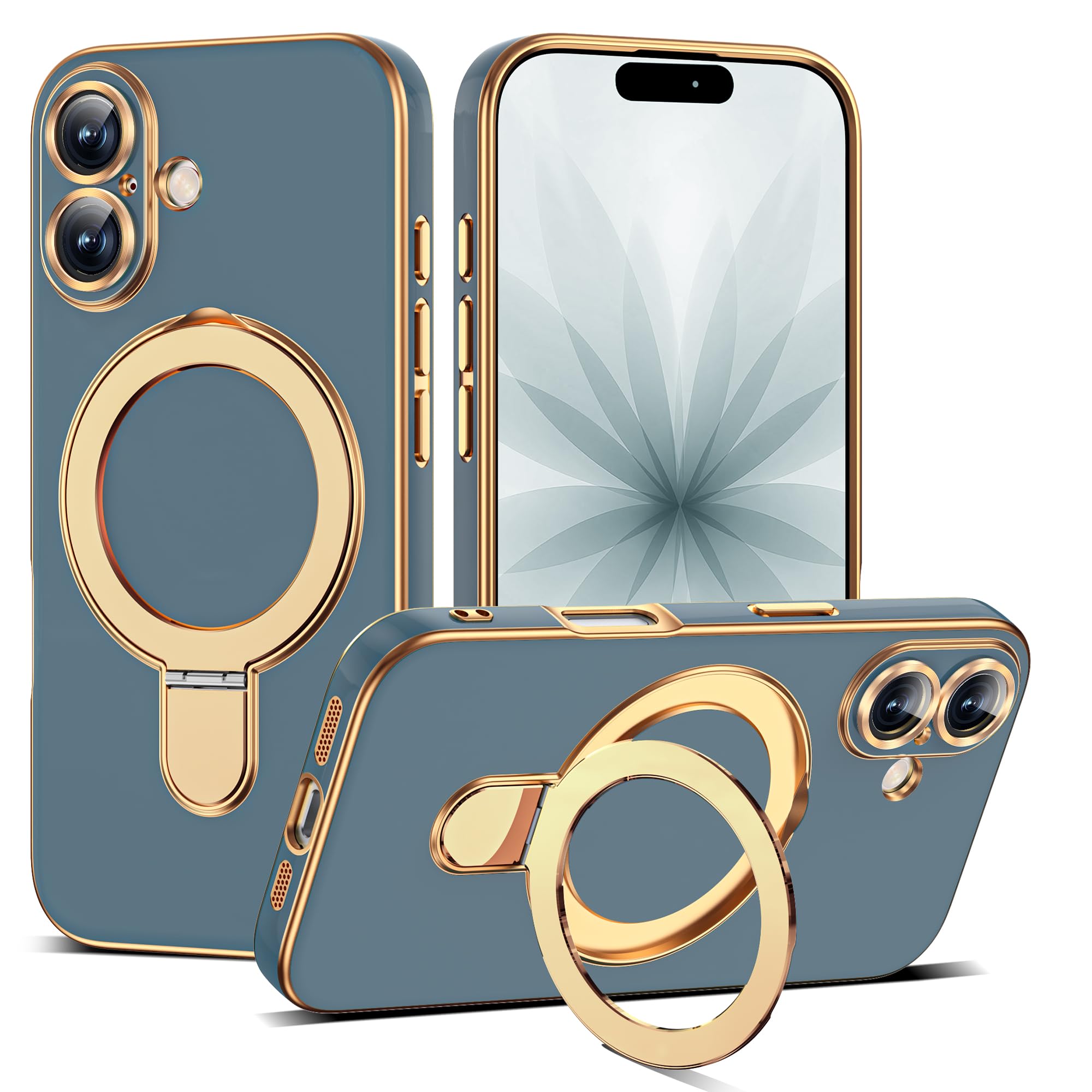 Plating Phone Case for iPhone 17 with Stand 6.3", Grey Blue | Plating Glossy Case for iPhone 17 Phone Case,Magnetic Ring Stand,Compatible with Mag-Safe,Full Camera Protector,TPU