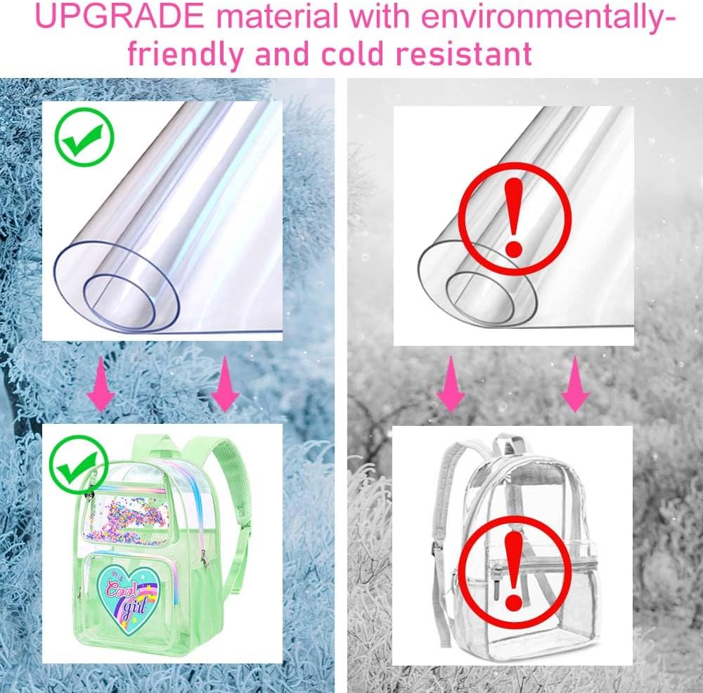 3PCS Clear Backpack Heavy Duty, Cute Sequins Transparent Bookbag with Handbag for Girls, Womens Green See Through School Bag - Image 8