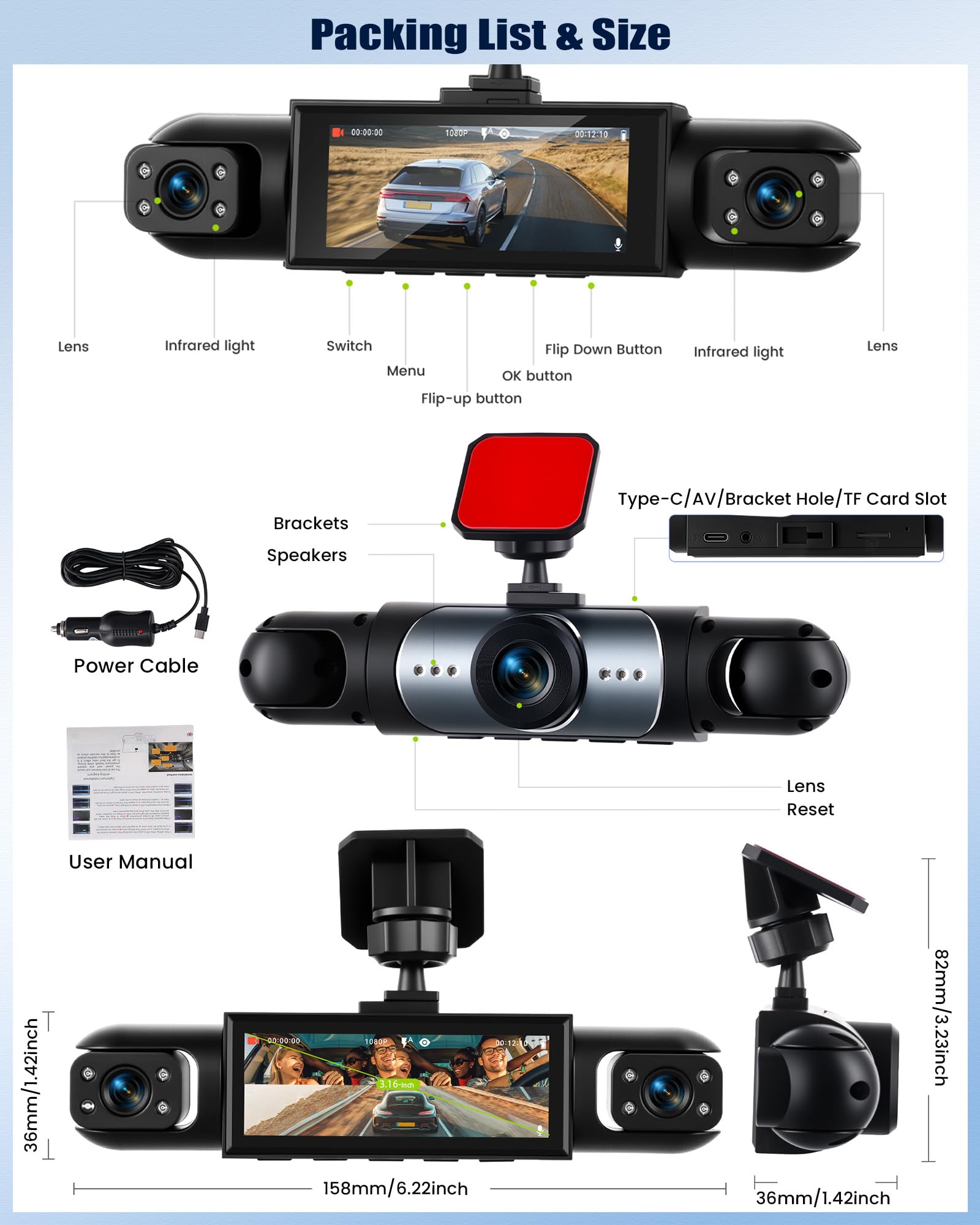 Telecamera per auto dash cam da 3,16 pollici 1080P, visione a 360° con 3 telecamere - monitoraggio del parcheggio con rilevamento del movimento e visione notturna