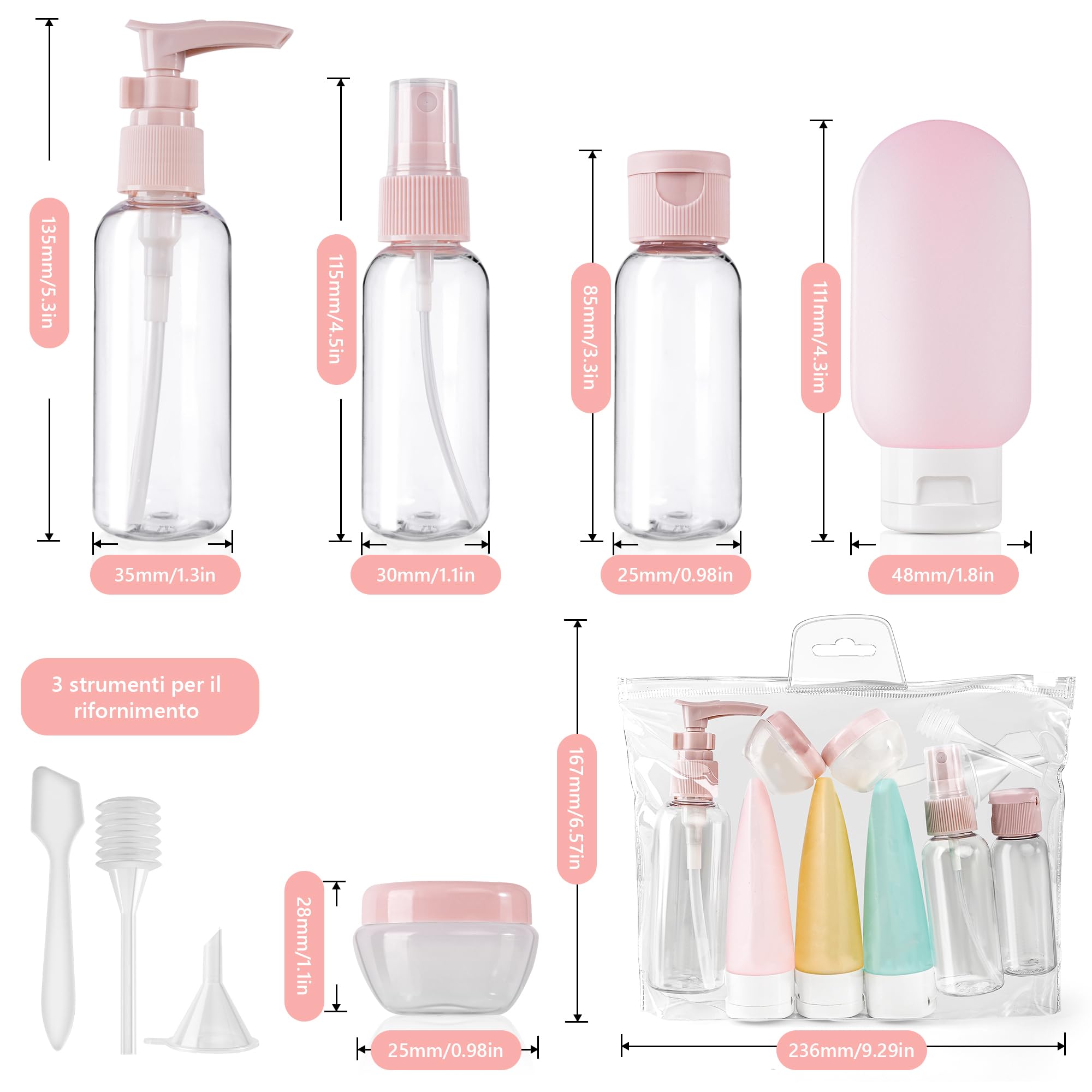 Set Da 20 Bottigliette Da Viaggio - Contenitori Per Shampoo, Balsamo E Cosmetici - Trasparenti E Ricaricabili - Foto 5