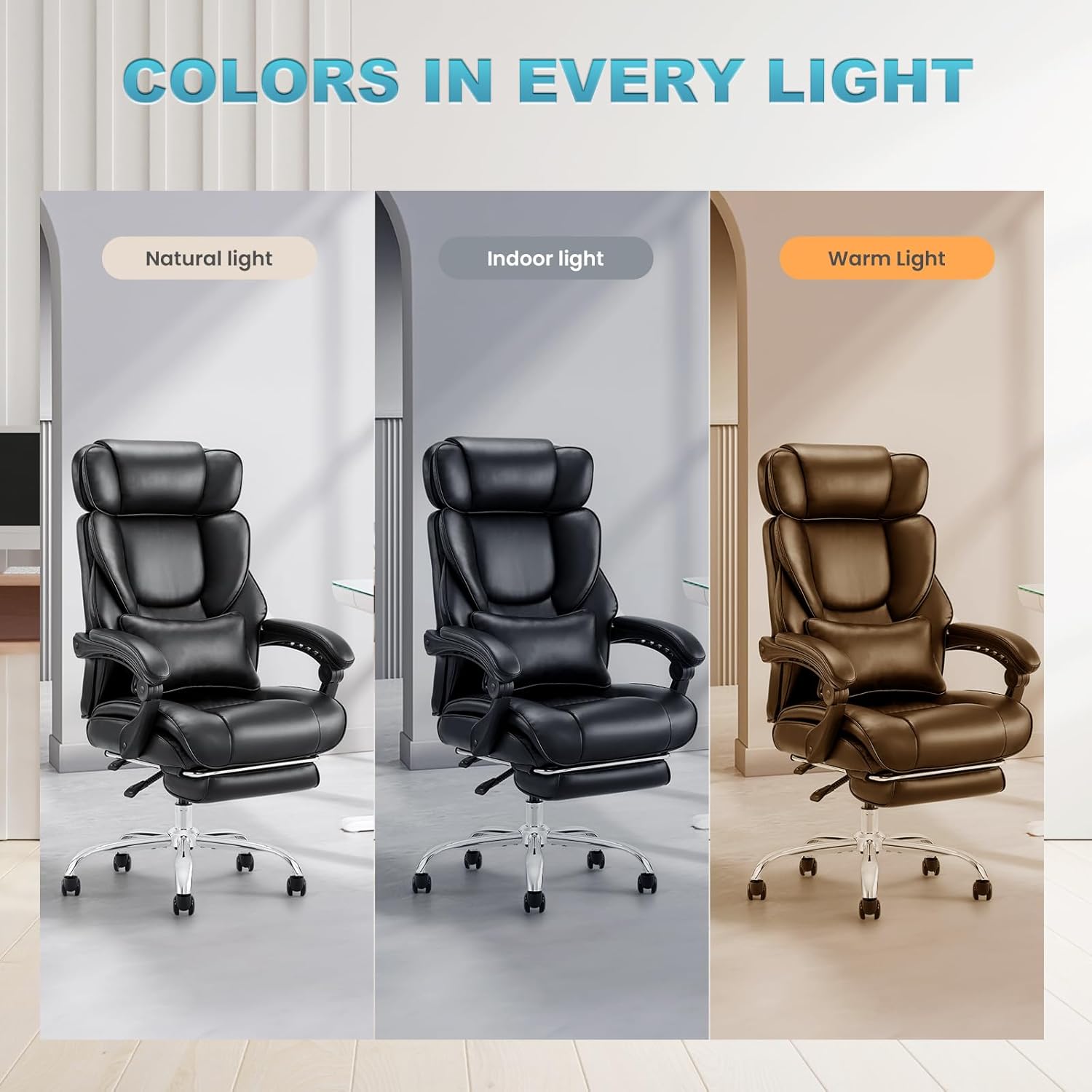 COLAMY Office Chair with Retractable Footrest, Ergonomic High Back Design Executive Computer Desk Chair with Removable Lumbar Pillow, 90-135°Reclining, Thick Bonded Leather for Home Office Work, Black - Image 9