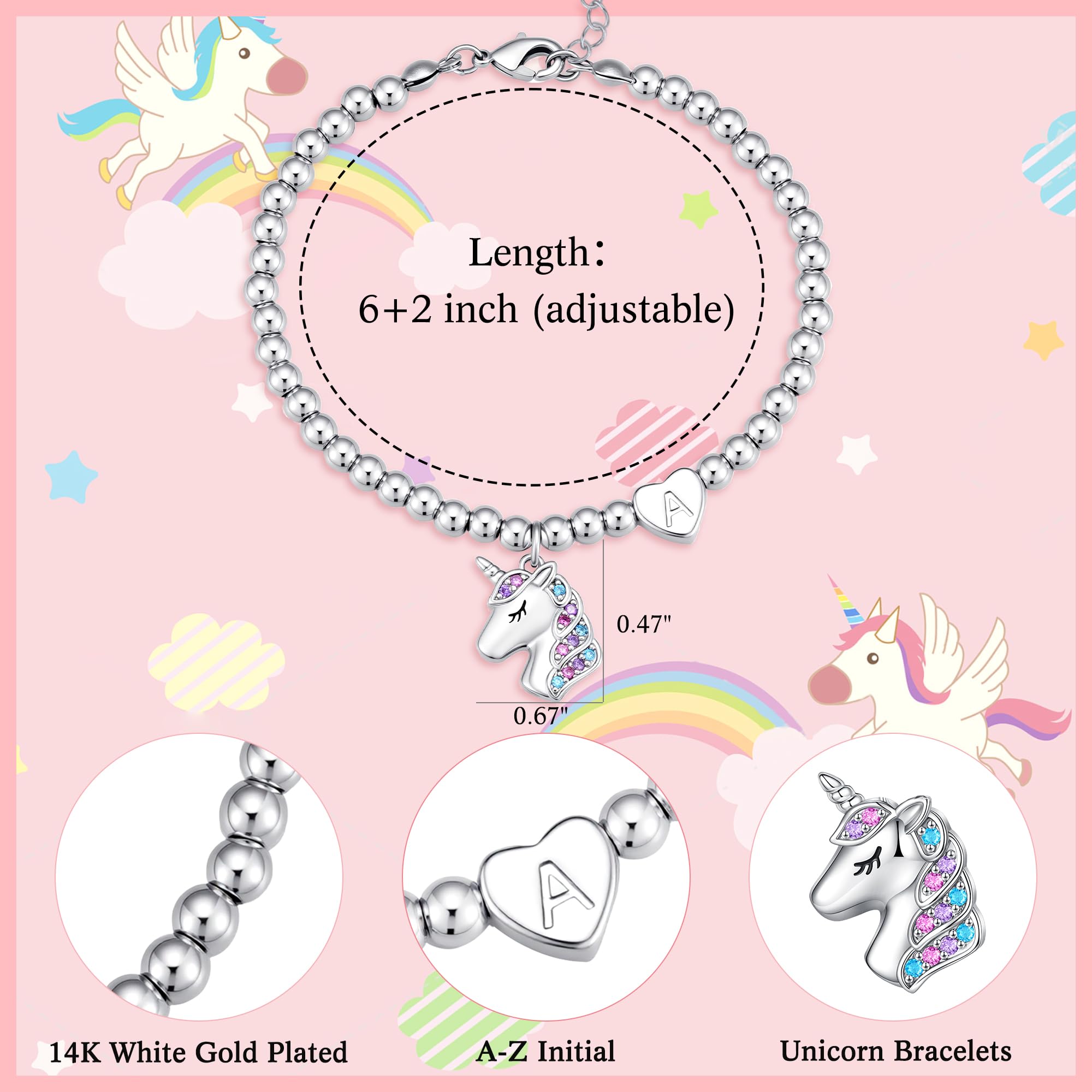 Turandoss Einhorn Armband für Mädchen - 14K Weißgold Vergoldet Silber Herz Perlenarmband mit Buchstaben für Mädchen Kinderschmuck, Einschulung Geschenk Einhorn Geschenke für Tochter Enkelin