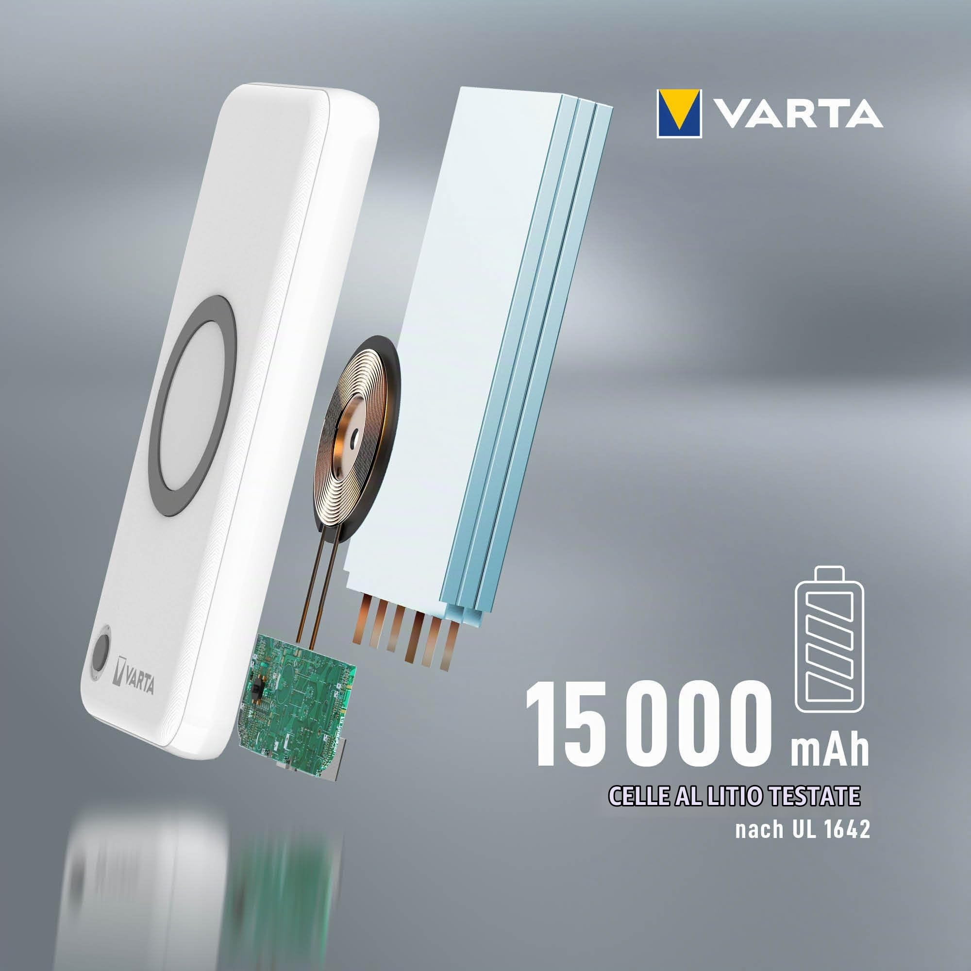 VARTA 57908, Batteria Esterna senza fili, Bianco, 15000 mAh, 160 x 79 x 19.5 mm | power bank 2 in 1 e caricatore wireless, Quick Charge, ricarica wireless, caricabatterie portatile per fino a 4 dispositivi