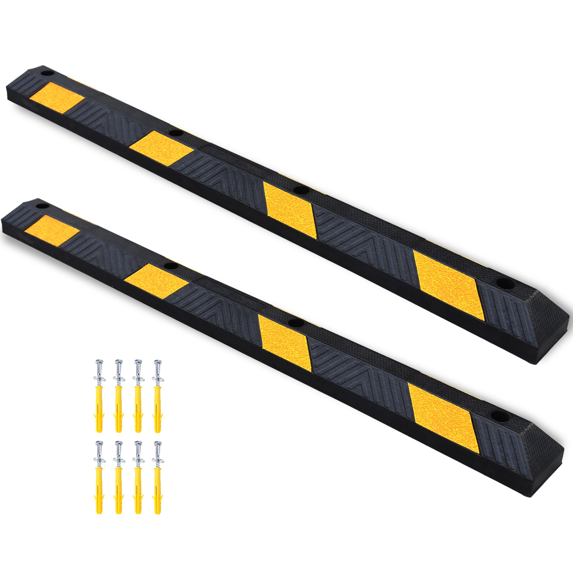OrangeStar 72" Rubber Parking Curb, Heavy Duty Garage Floor Wheel Stopper w/Yellow Reflective Stripe for Car, Truck, Trailer, 2 Pack