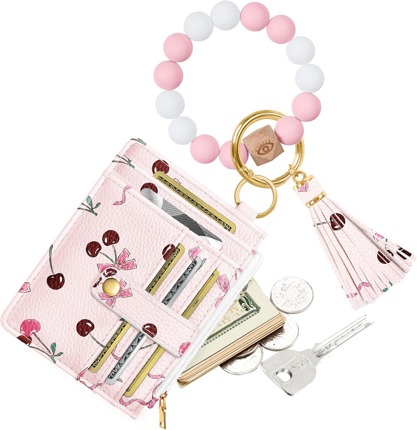 Bistup Wallet Keychain Wristlet for Women - Credit Card Holder Wallets Key Chain Ring Cute Design Slim Small RFID Coin Pocket Purse for Ladies Teen Girls Fashion Cherry