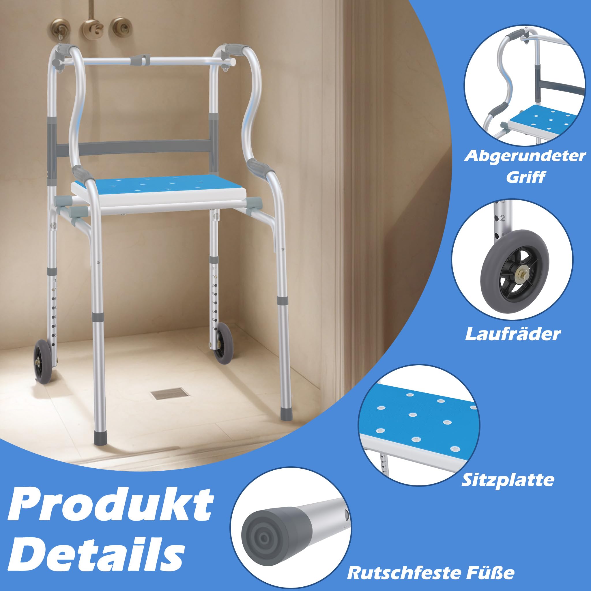 Froadp Andador para personas mayores, caballete de aluminio, fácil de ajustar en altura, con 2 ruedas giratorias, antideslizante, estable, andador, estrecho, para apartamentos, ayuda de pie, mango