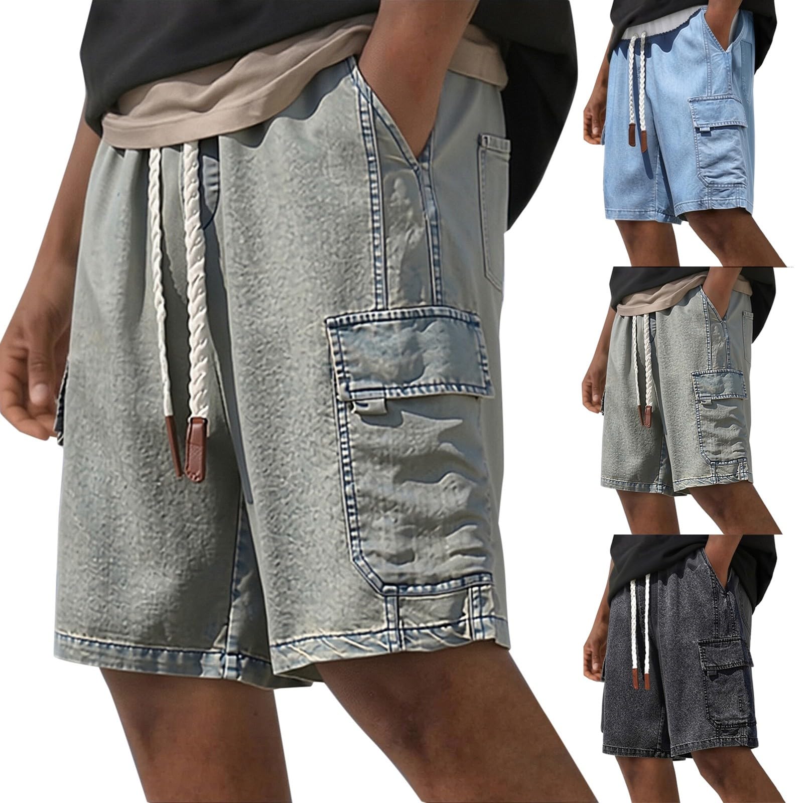 Short cargo en jean pour homme à taille élastique confortable