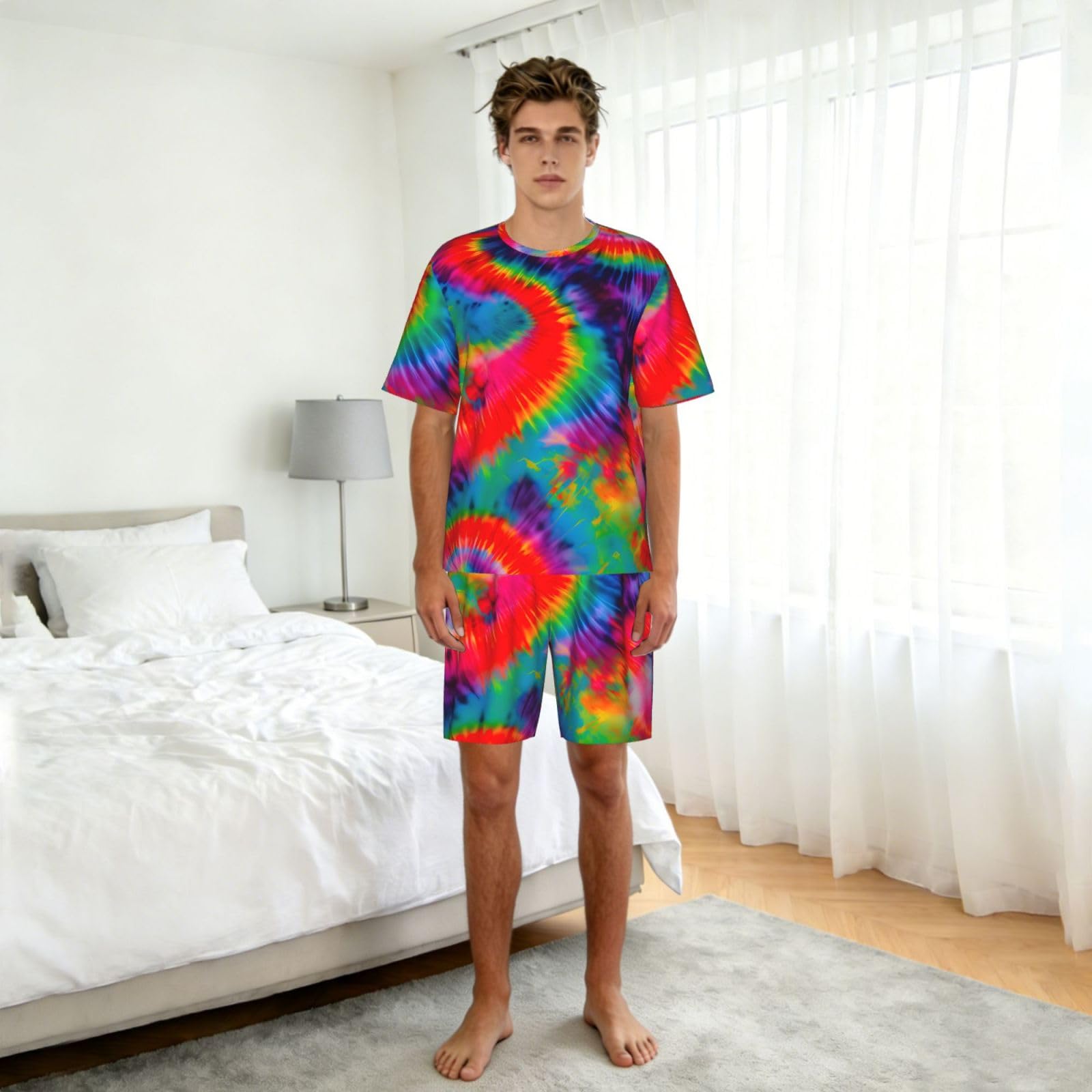 Conjunto de pijama clásico con estampado de teñido anudado colorido para hombre, pantalones cortos de pijama suaves para hombre, perfecto para las noches de verano