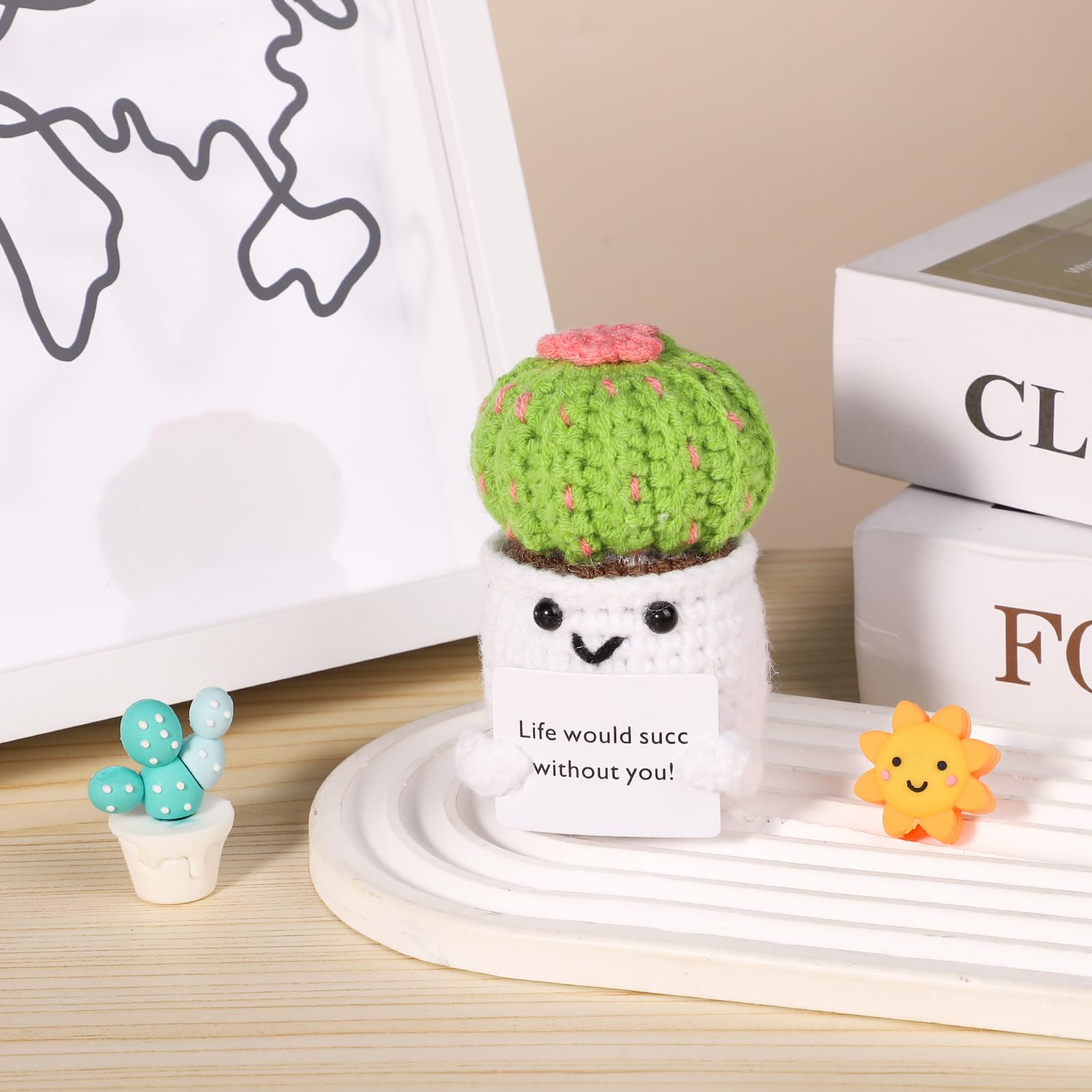 Cactus Portafortuna All'Uncinetto Con Messaggio Ispirazionale - 16 Cm, Pianta Morbida In Lana, Decorazione Positiva Per Casa E Ufficio