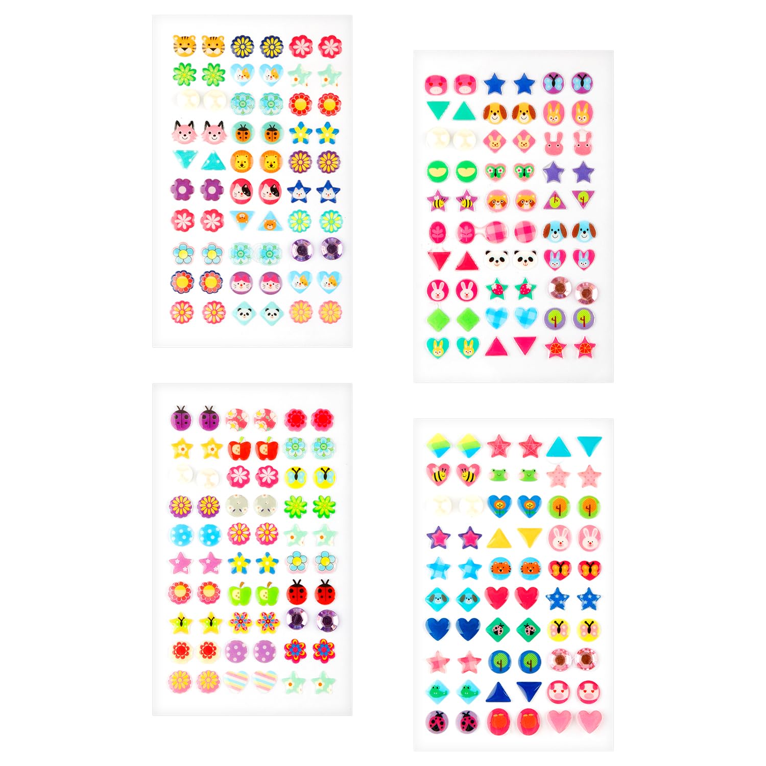Hopzab 240PCS Stick On Crystal Earrings for Girls, 3D Self-Adhesive Gem Stickers, Toddler No-Piercing Earring Stickers, Colorful Multiple Shapes Glitter Jewel Stickers for Girls Dress Up & Decoration