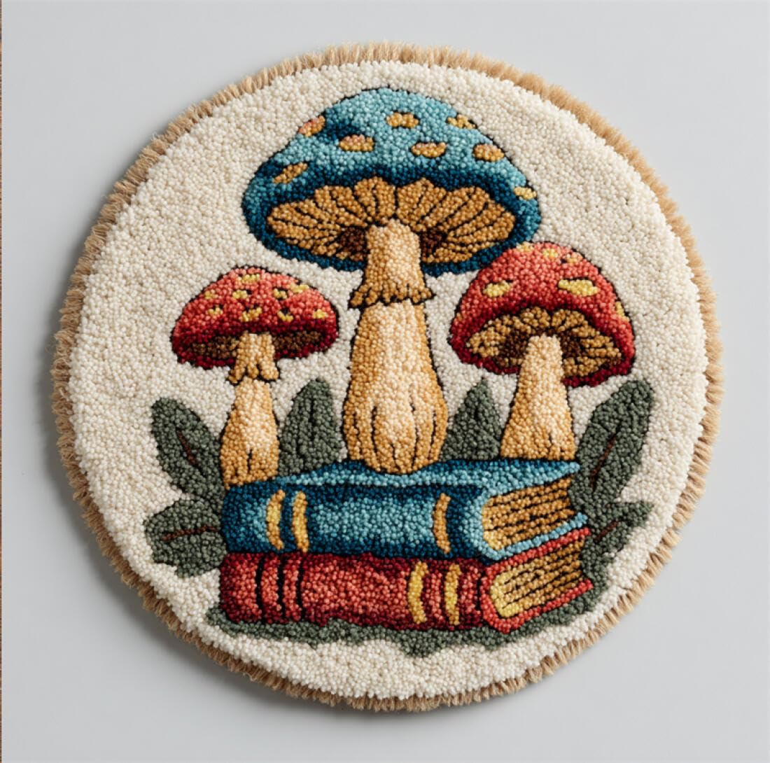 Rqwybcaxn DIY Rug Latch Hook Kits for Teens Needlework Kit Cartoon Mushrooms and Books 80x80cm Round Washable Area Rug Study Wall Hanging