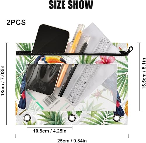 Miniatura 3 de Kcldeci Paquete de 2 bolsas para lápices para carpeta de 3 anillos, carpeta de hojas tropicales de hibisco de piña de Tucán, estuche para lápices,
